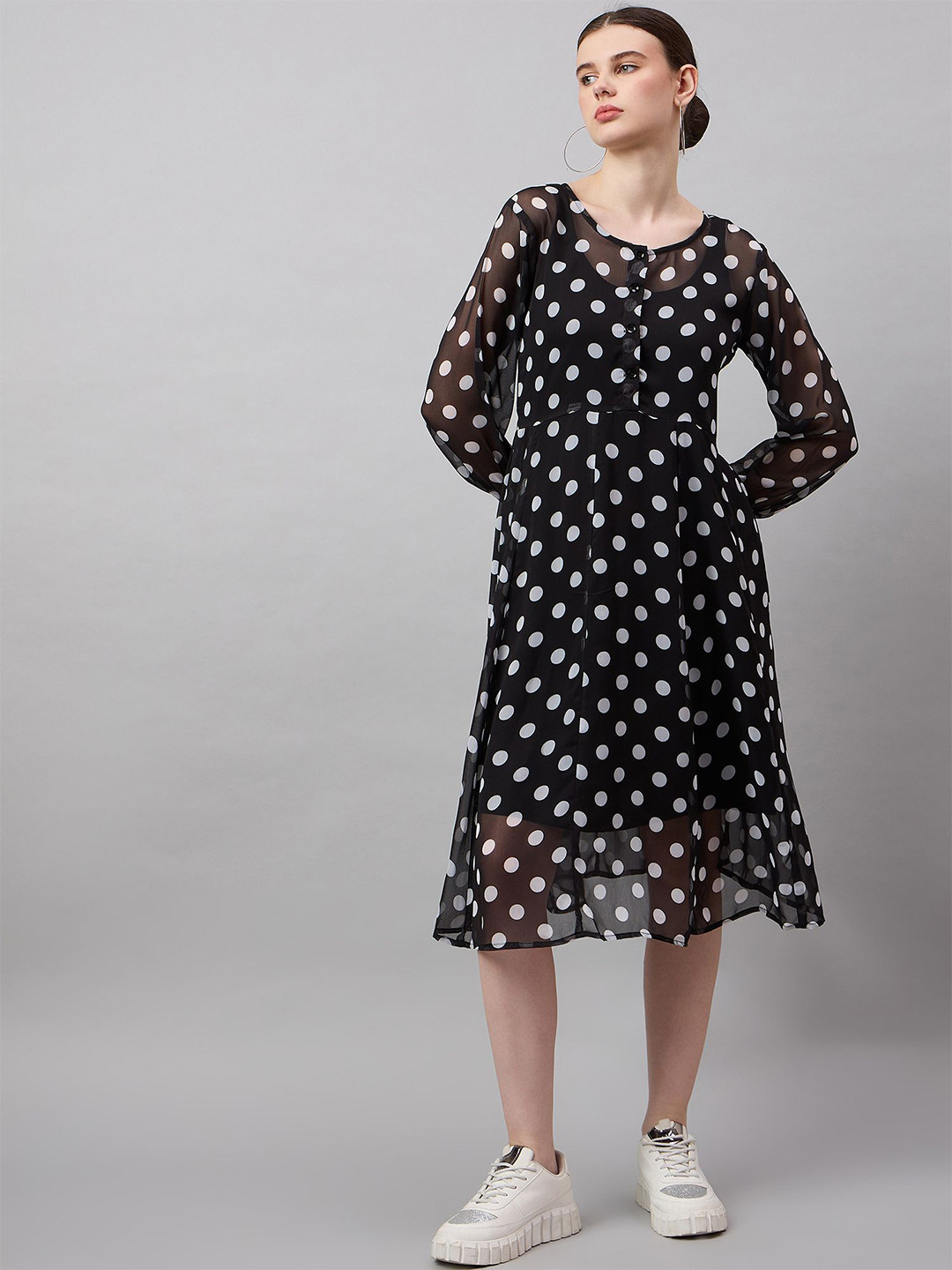 Roadster Poly Satin Polka Dots Knee Long Fit and Flare Dress
