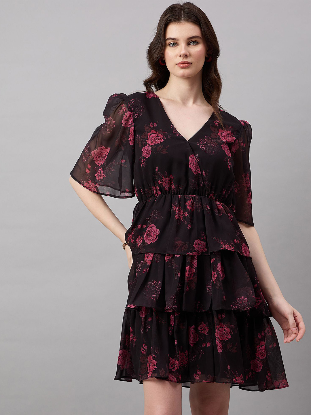 Roadster Poly Satin Floral Mini Fit and Flare Dress