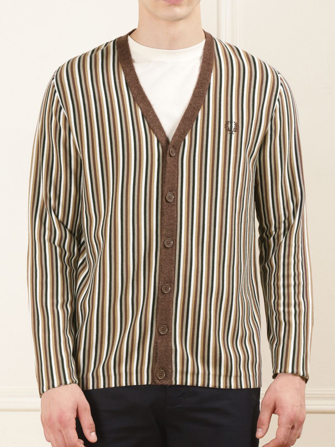 Fred Perry Men Striped V-Neck Ribbed Cotton Cardigan Sweater
