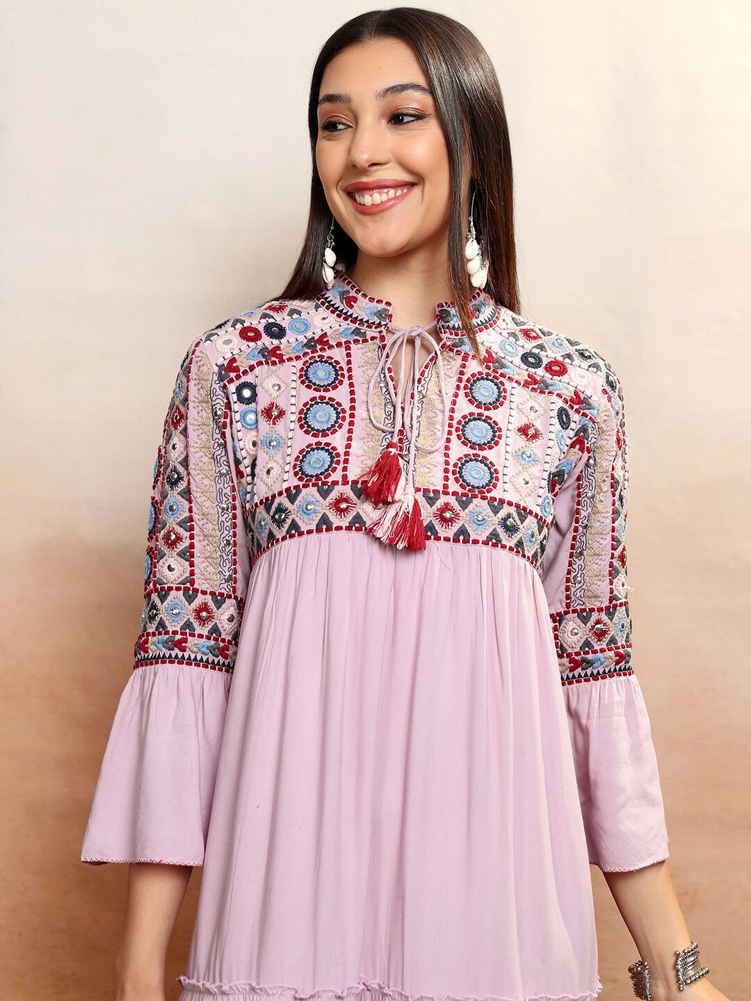 Vishudh Lavender Tie-Up Neck Embroidered Tiered Velvet Empire Midi Dress