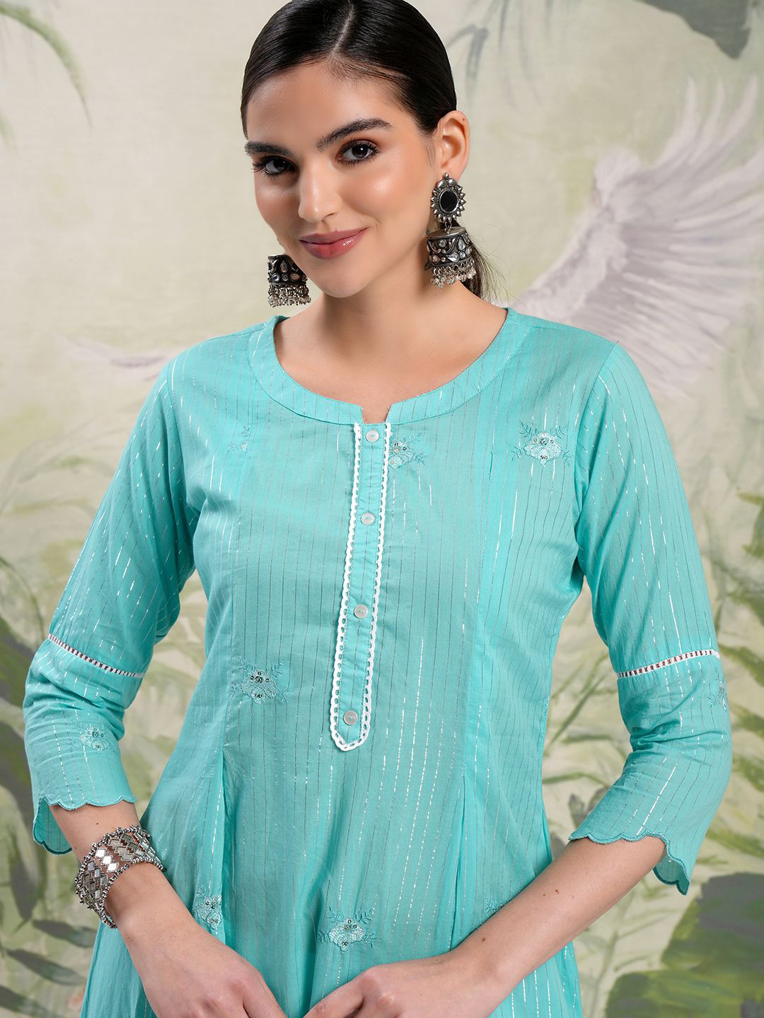 Vishudh Blue Woven Design Thread Work Pure Cotton A-Line Kurta With Trousers