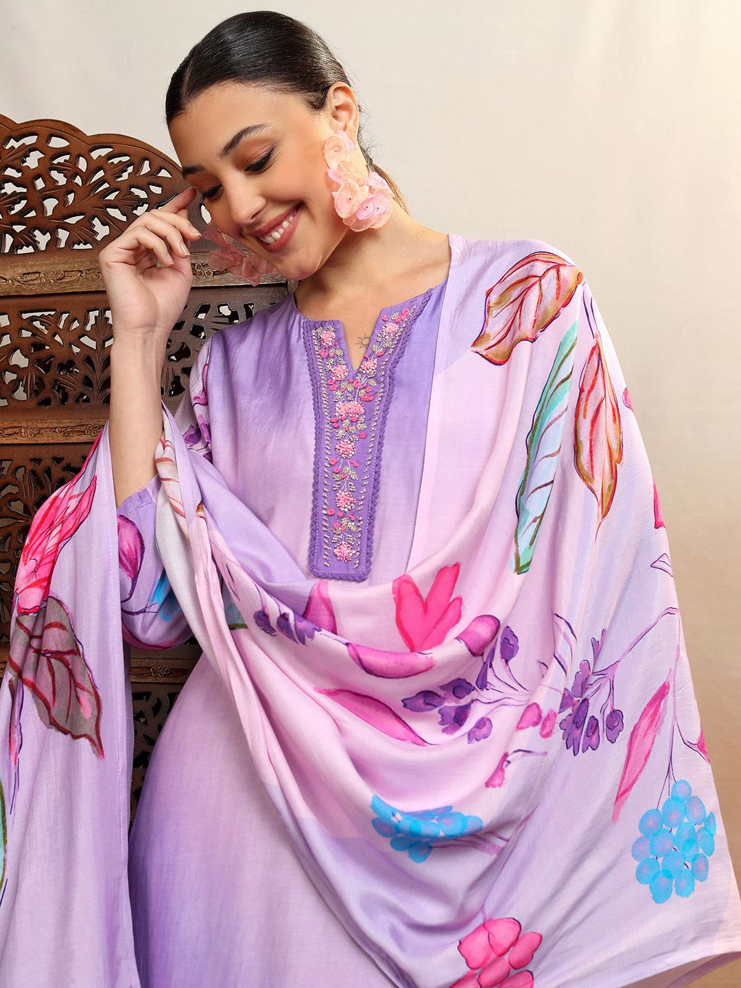 Vishudh Purple Ombre Printed Thread Work Straight Kurta With Trousers & Dupatta