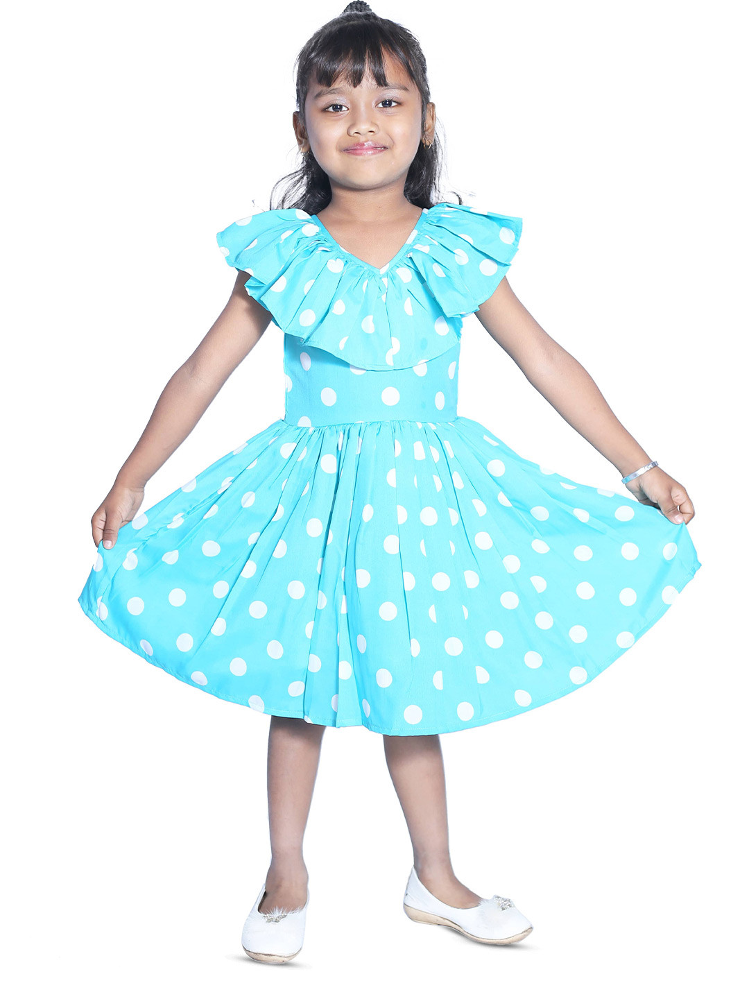 BAESD Girls Polka Dot Blue and White Print V-Neck Flared Sleeve A-Line Midi Dress