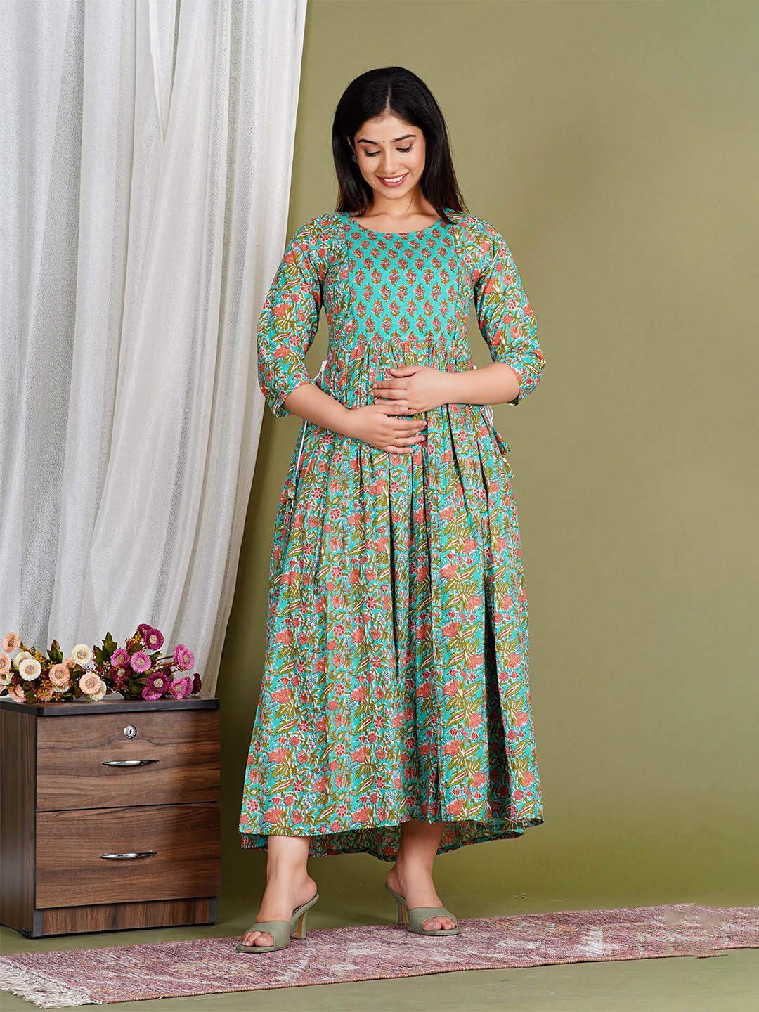 Sea Green Floral Print Empire Midi Dress with Three-Quarter Sleeves