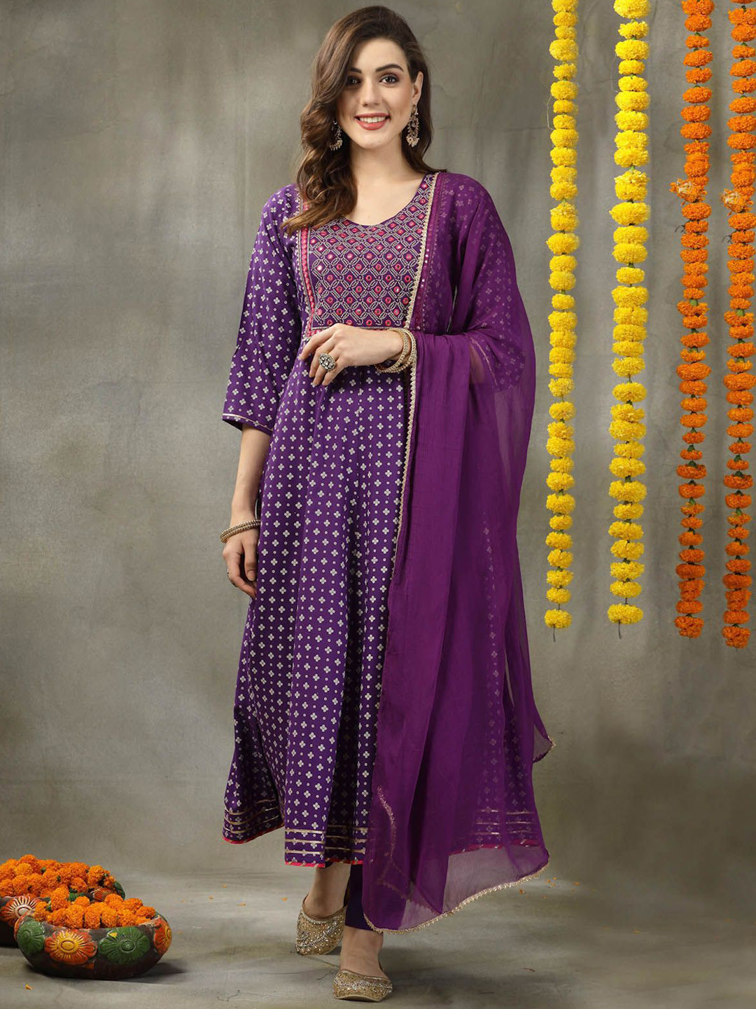 Stylum Round Neck Bandhani Printed Empire Mirror Work Kurta with Trouser & Dupatta