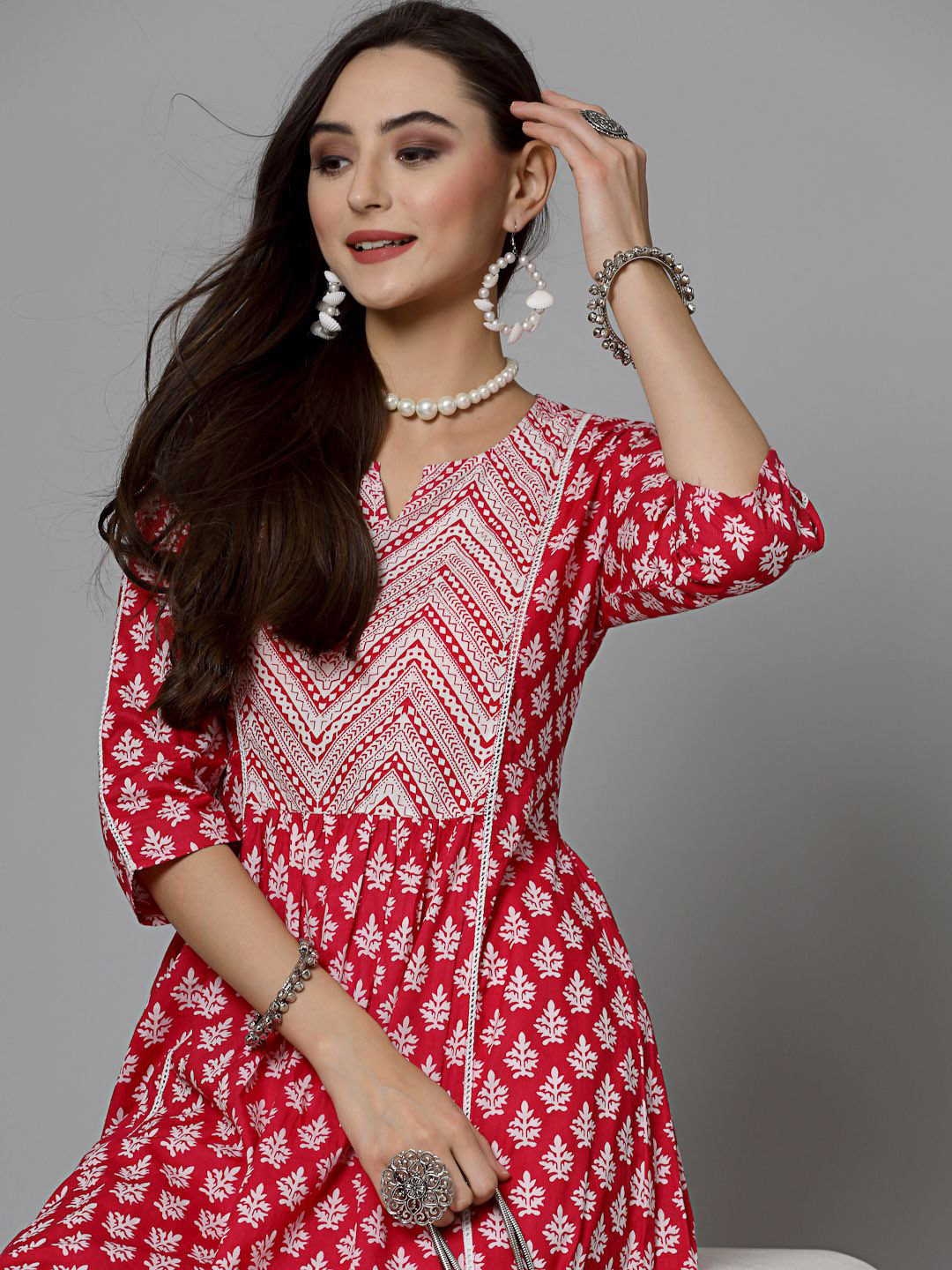 Stylum Notch Neck Geometric Printed Sequinned Cotton A-Line Kurta