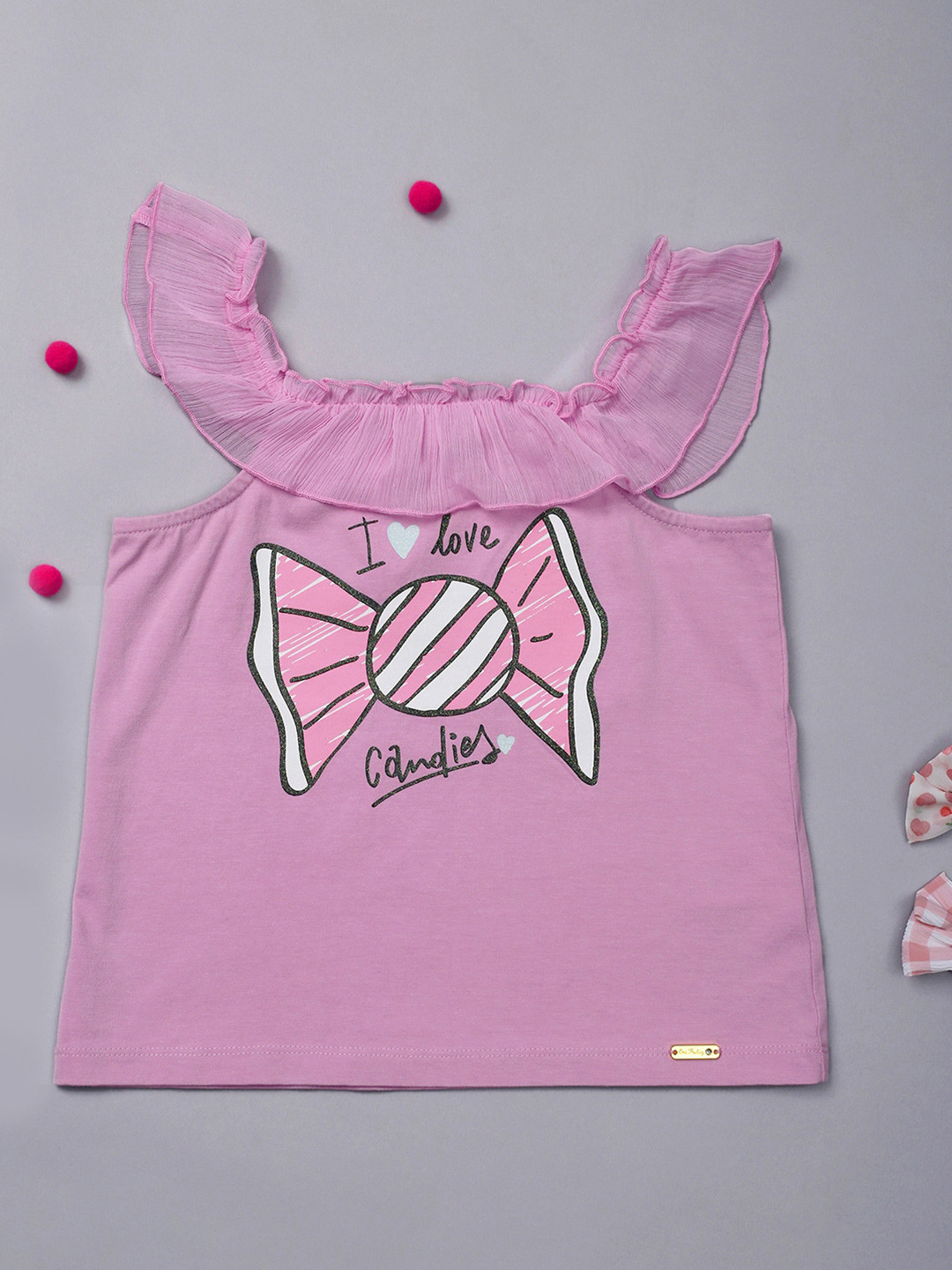 One Friday Girls Graphic Printed Square Neck Pure Cotton Top