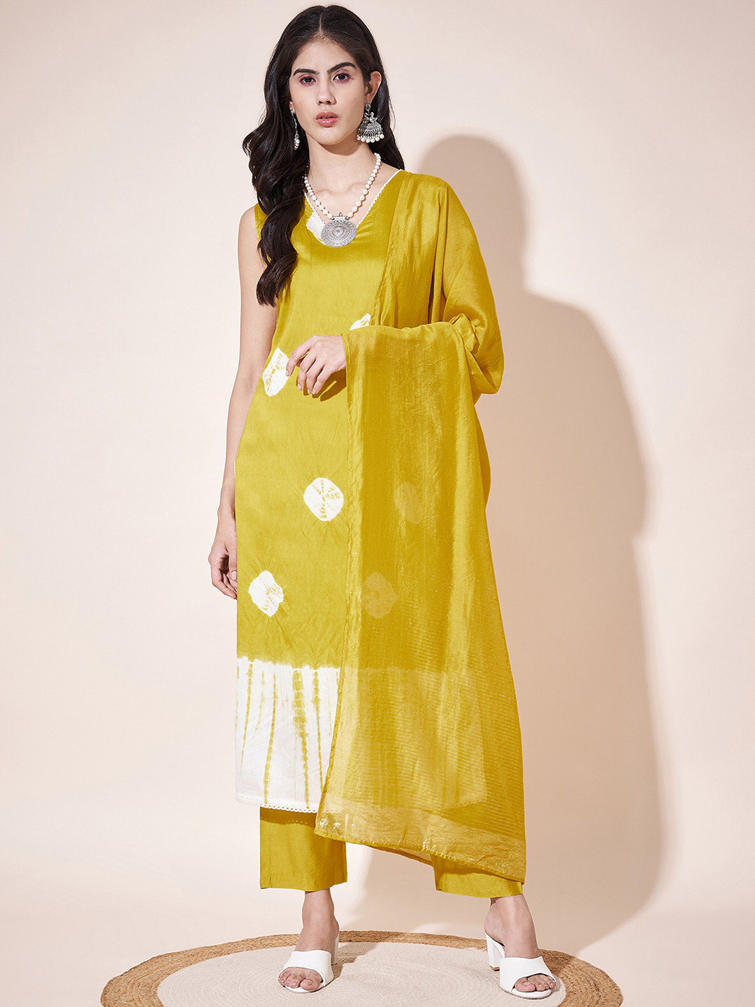 KALINI Shibori Tie & Dye Printed Regular Pure Silk Straight Kurta With Trousers & Dupatta