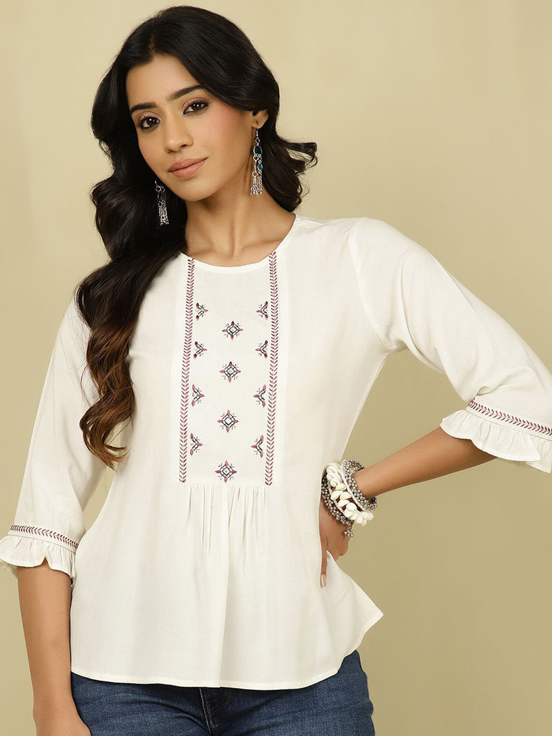 Jaipur Kurti Embroidered Round Neck Top