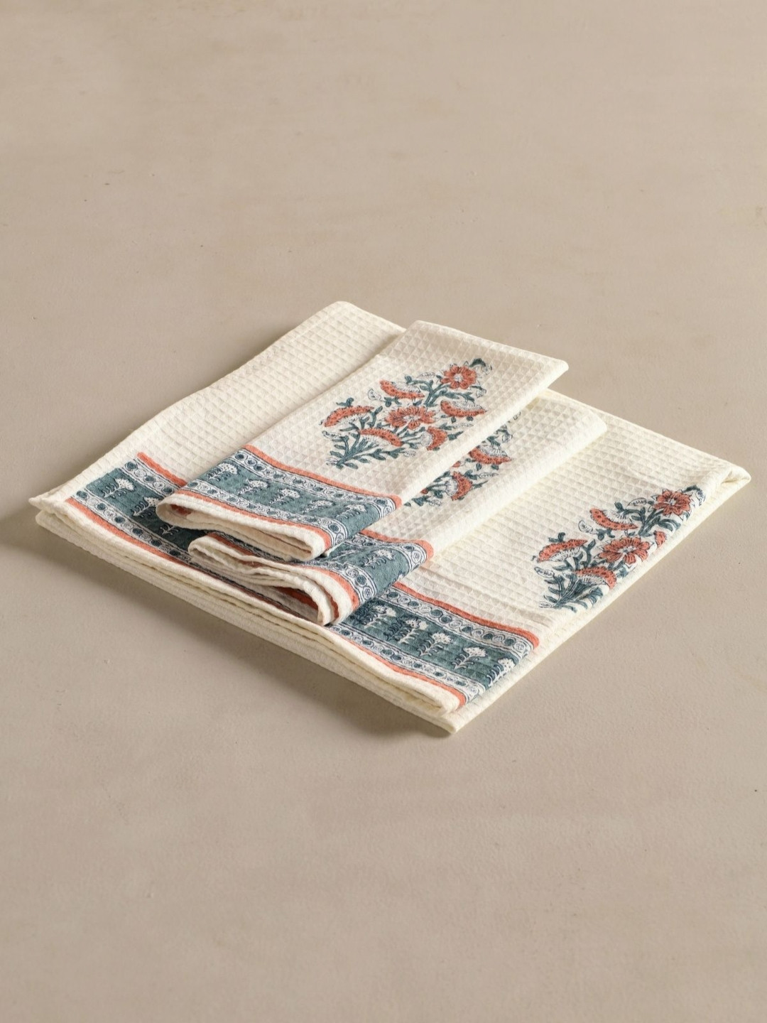Peepul Tree 3Pcs Off White & Teal Blue Block Printed Cotton Waffle Towel Set
