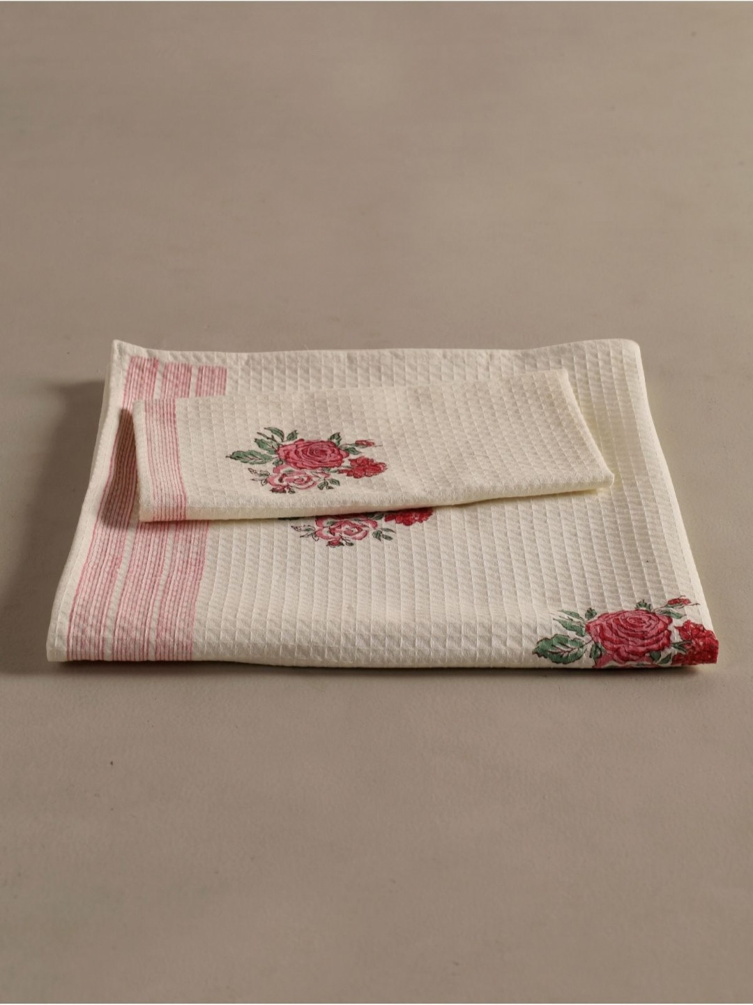 Peepul Tree 2 pcs Off White & Pink Block Printed Cotton Hand & Bath Waffle Towel Set