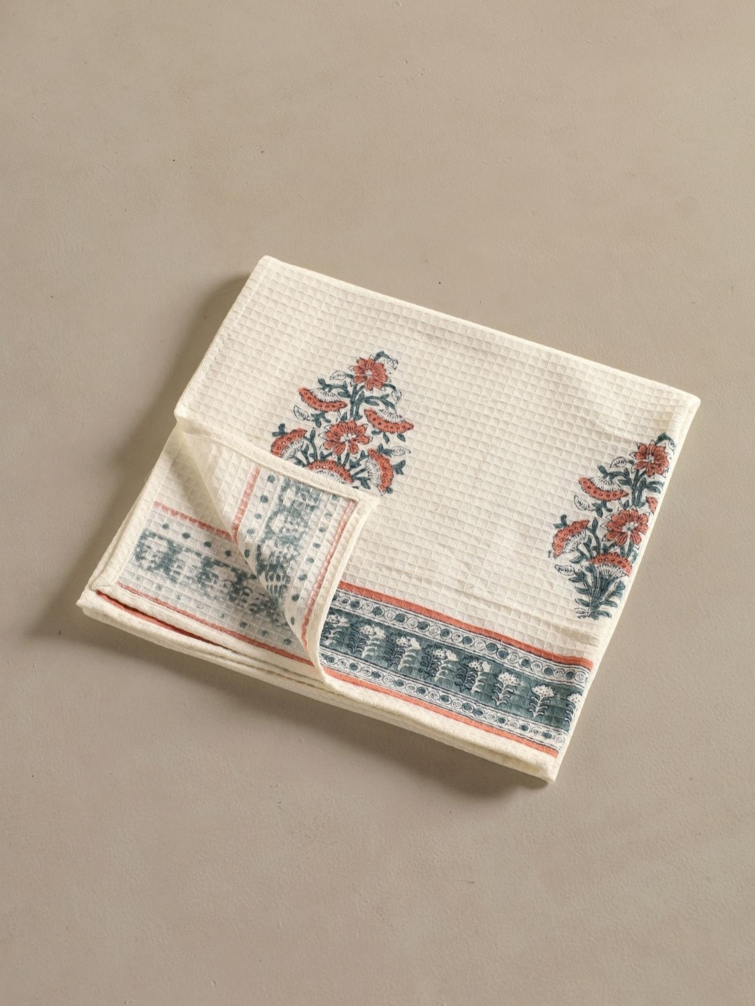 Peepul Tree 4Pc Floral Block Printed Cotton Hand&Bath Waffle Towels