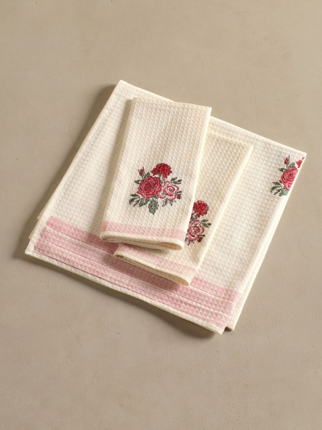 Peepul Tree  Piece of 3 Off White & Red Block Printed Cotton Waffle Towel Set