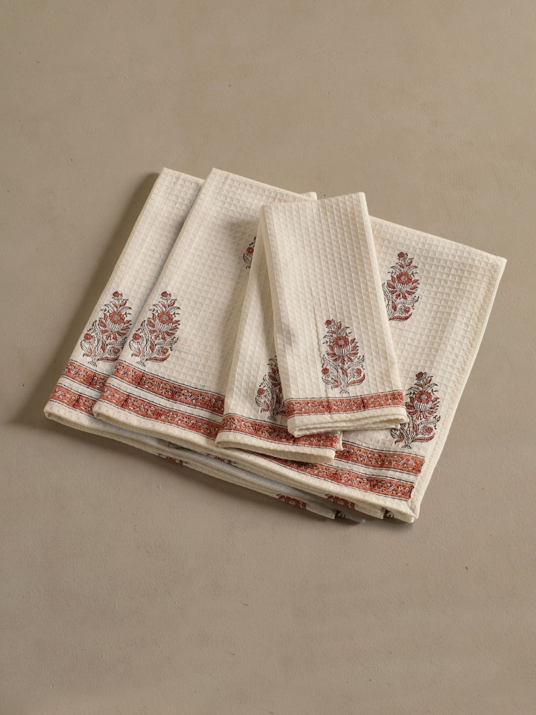 Peepul Tree  Piece of 4 Off White & Peach Floral Block Printed Cotton Hand&Bath Waffle Towels