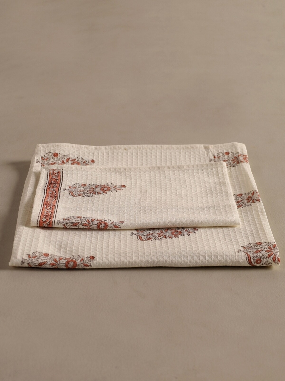 Peepul Tree 2 pcs Off White & Rust Block Printed Cotton Hand & Bath Waffle Towel Set