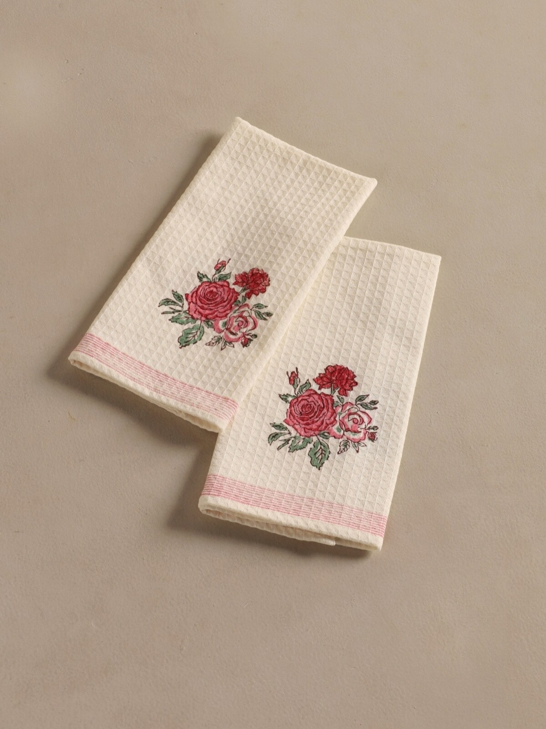 Peepul Tree 2 pcs Block Printed Cotton Hand & Bath Waffle Towel Set