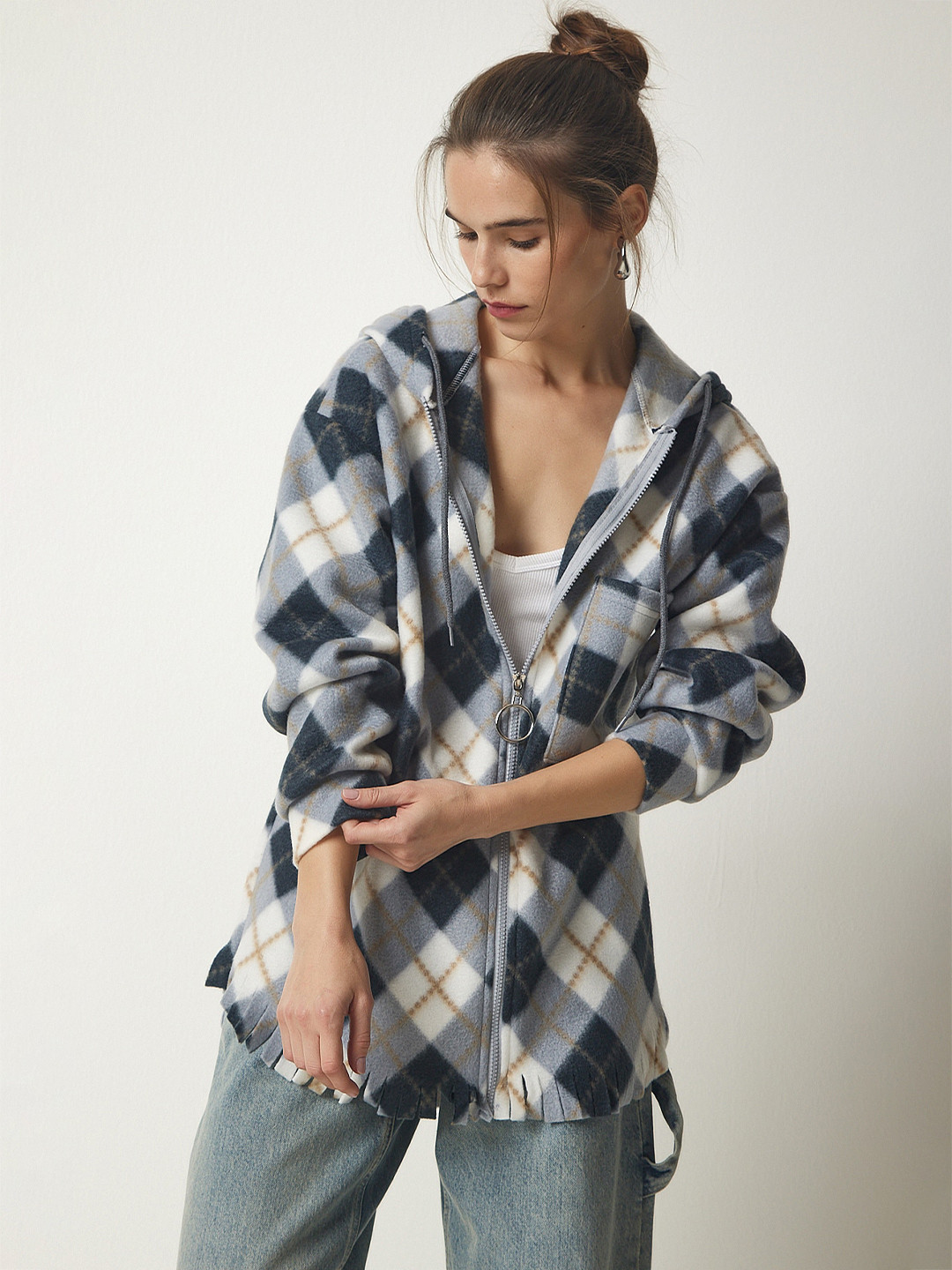 Happiness istanbul Checked Hood Front-Open Straight Sweatshirt