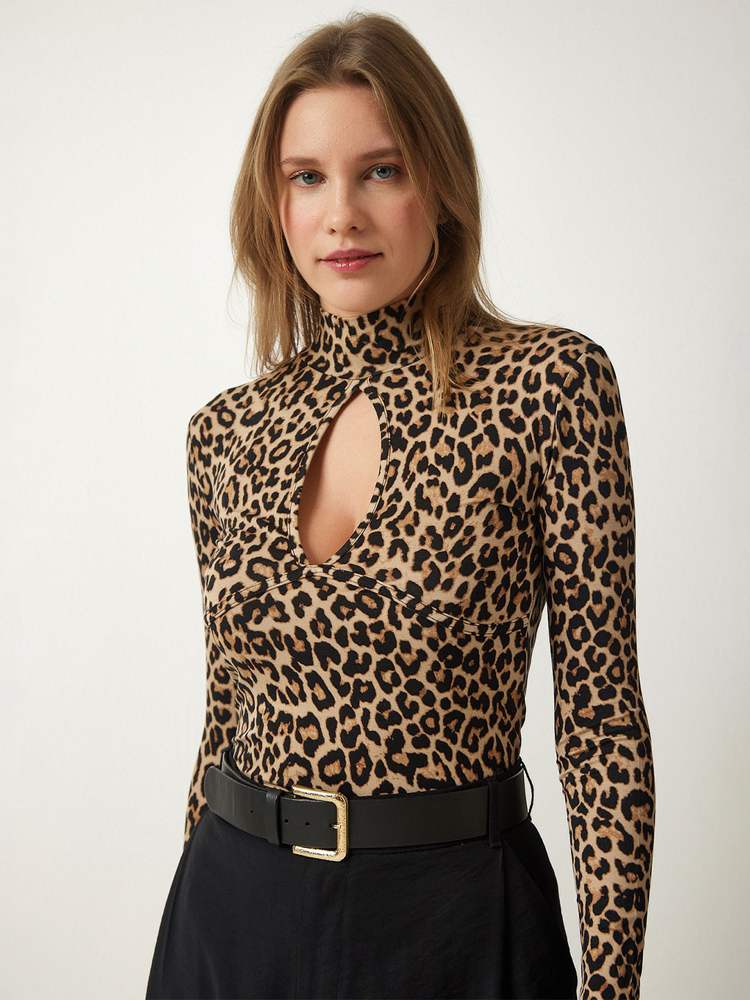 Happiness istanbul Animal Printed High Neck Long Sleeves Regular Top