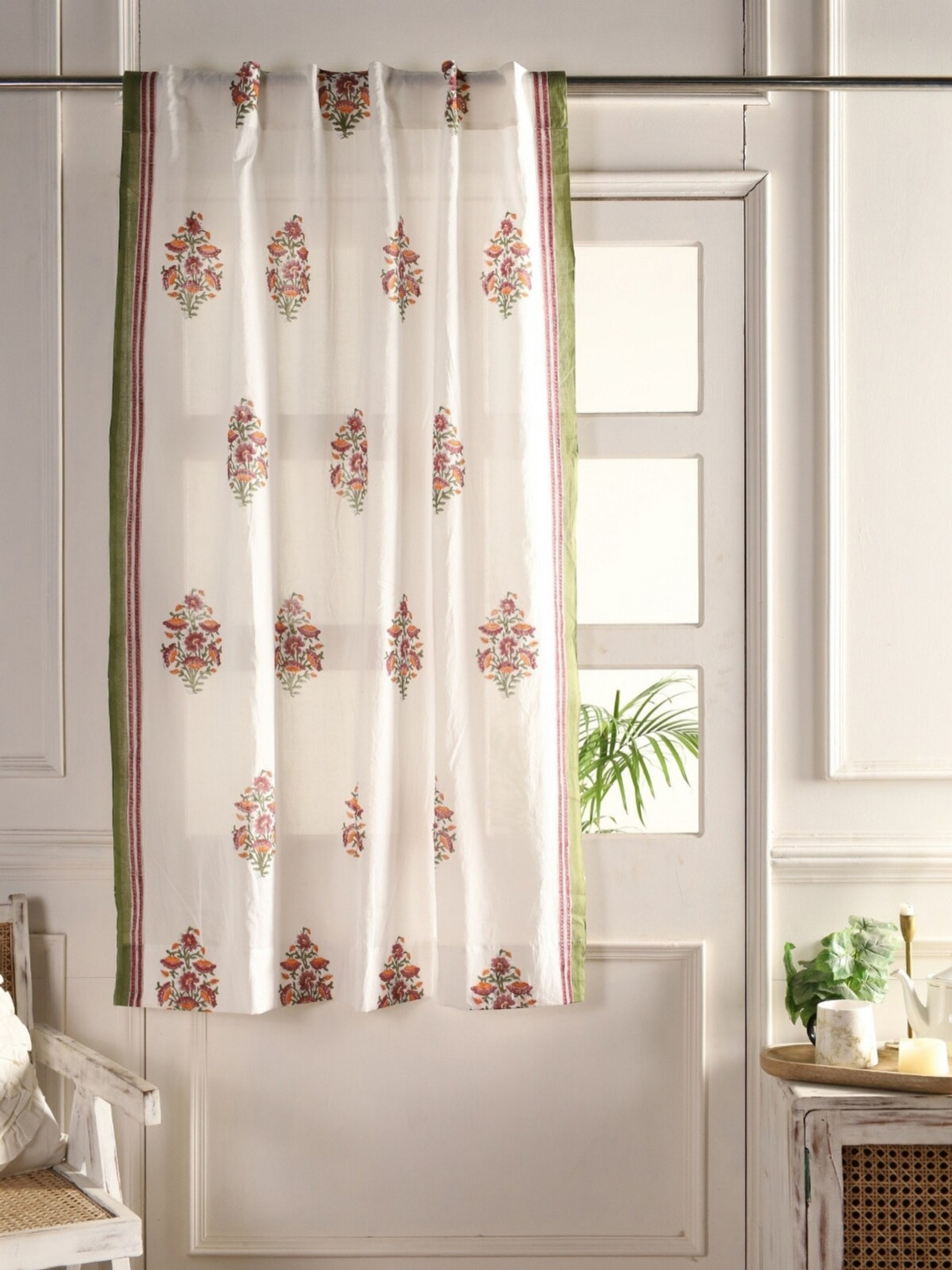 Peepul Tree White, Orange & Red Floral Printed Sheer Cotton Door Curtain