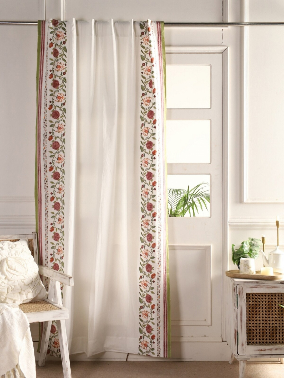 Peepul Tree White & Red Motif Sheer printed Cotton Door Curtain -7ft