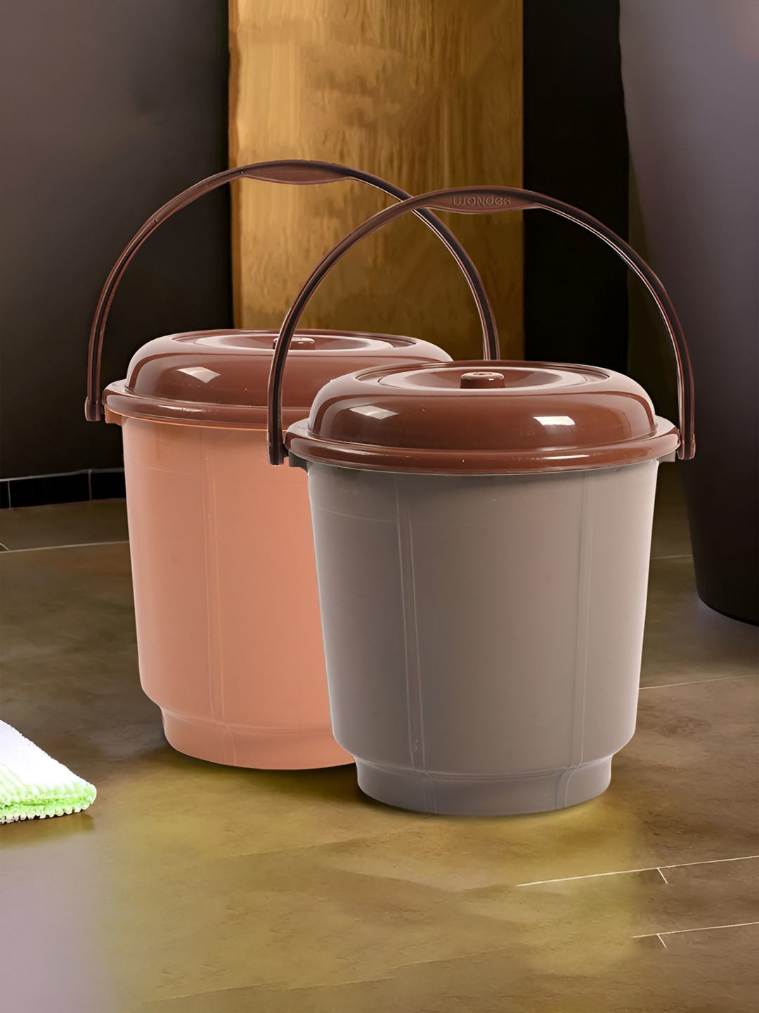 Kuber Industries Coffee Brown & Peach 2 Pieces Bathroom Buckets With Lids 18 L Each