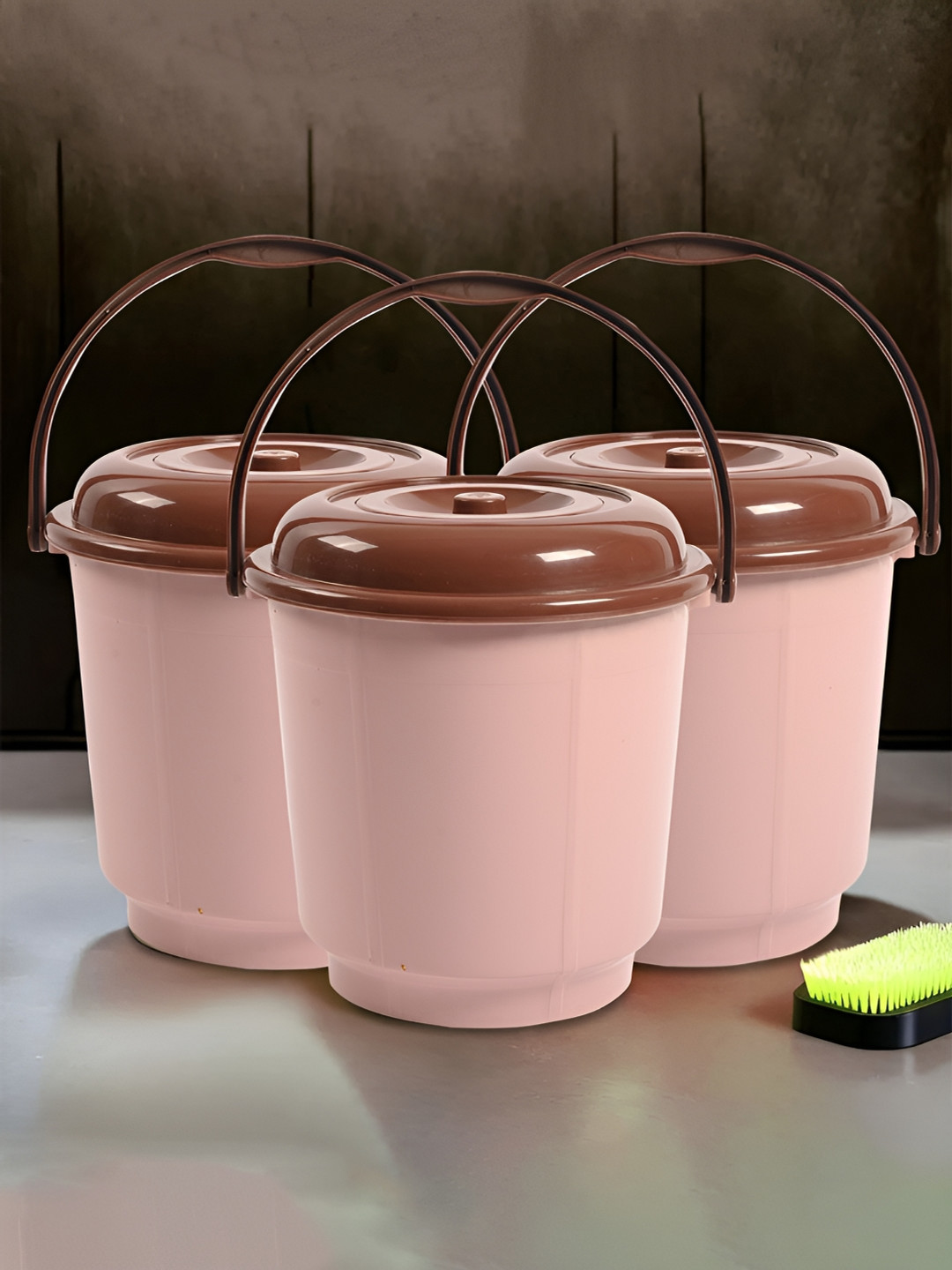 Kuber Industries Peach-Coloured & Coffee Brown 3 Pieces Solid Plastic Bath Accessories Set