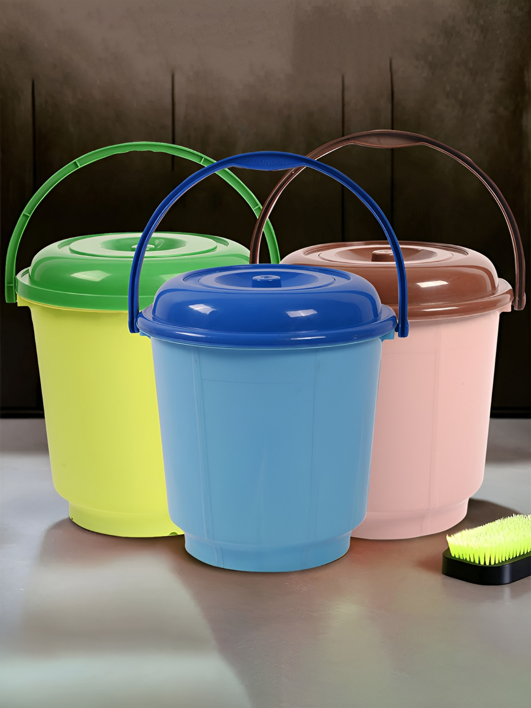Kuber Industries Green & Brown 3 Pieces Buckets With Lids 18 L Each
