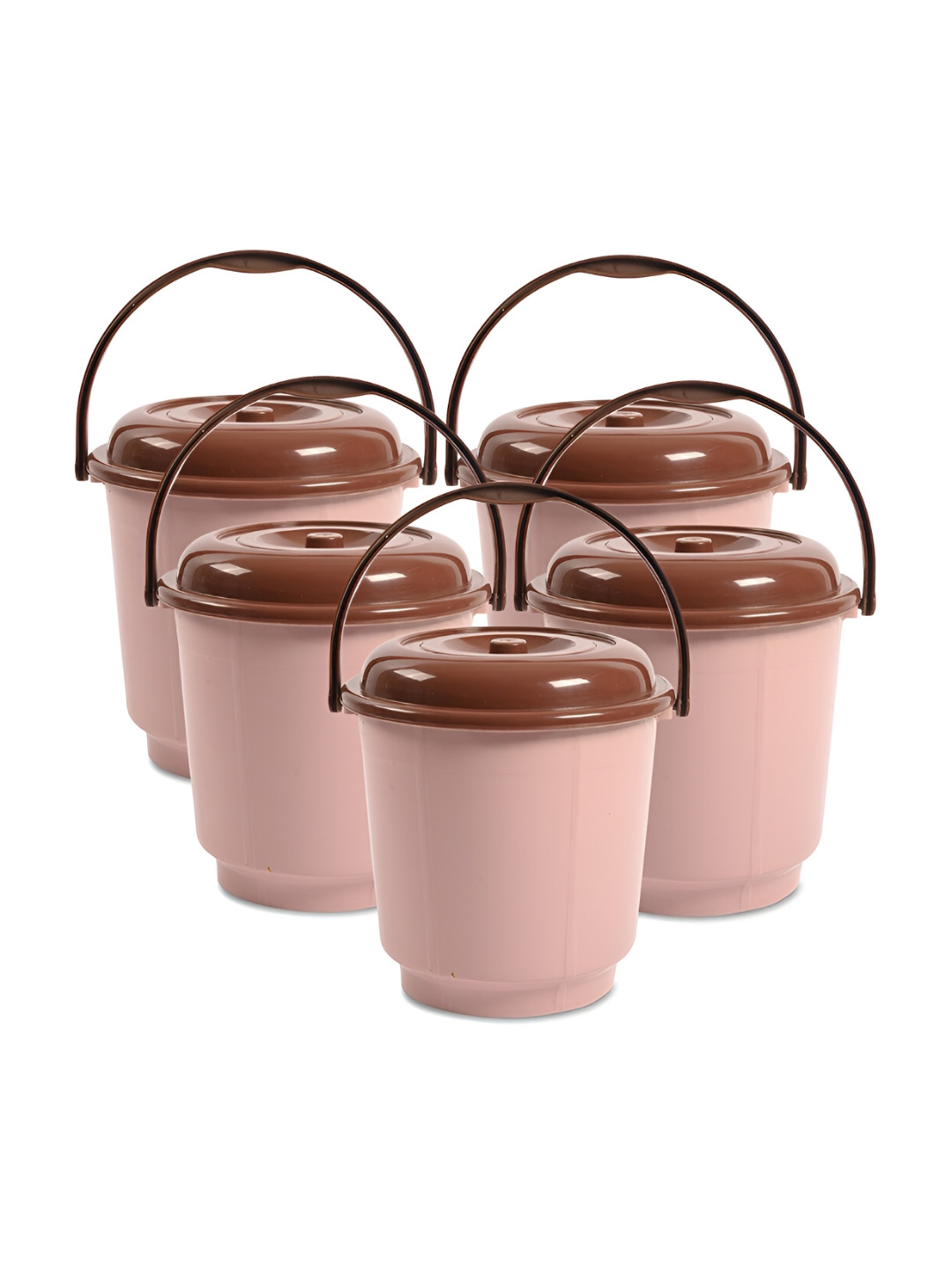 Kuber Industries Peach-Coloured & Brown 5 Pieces Glossy Buckets With Lid 18 L Each