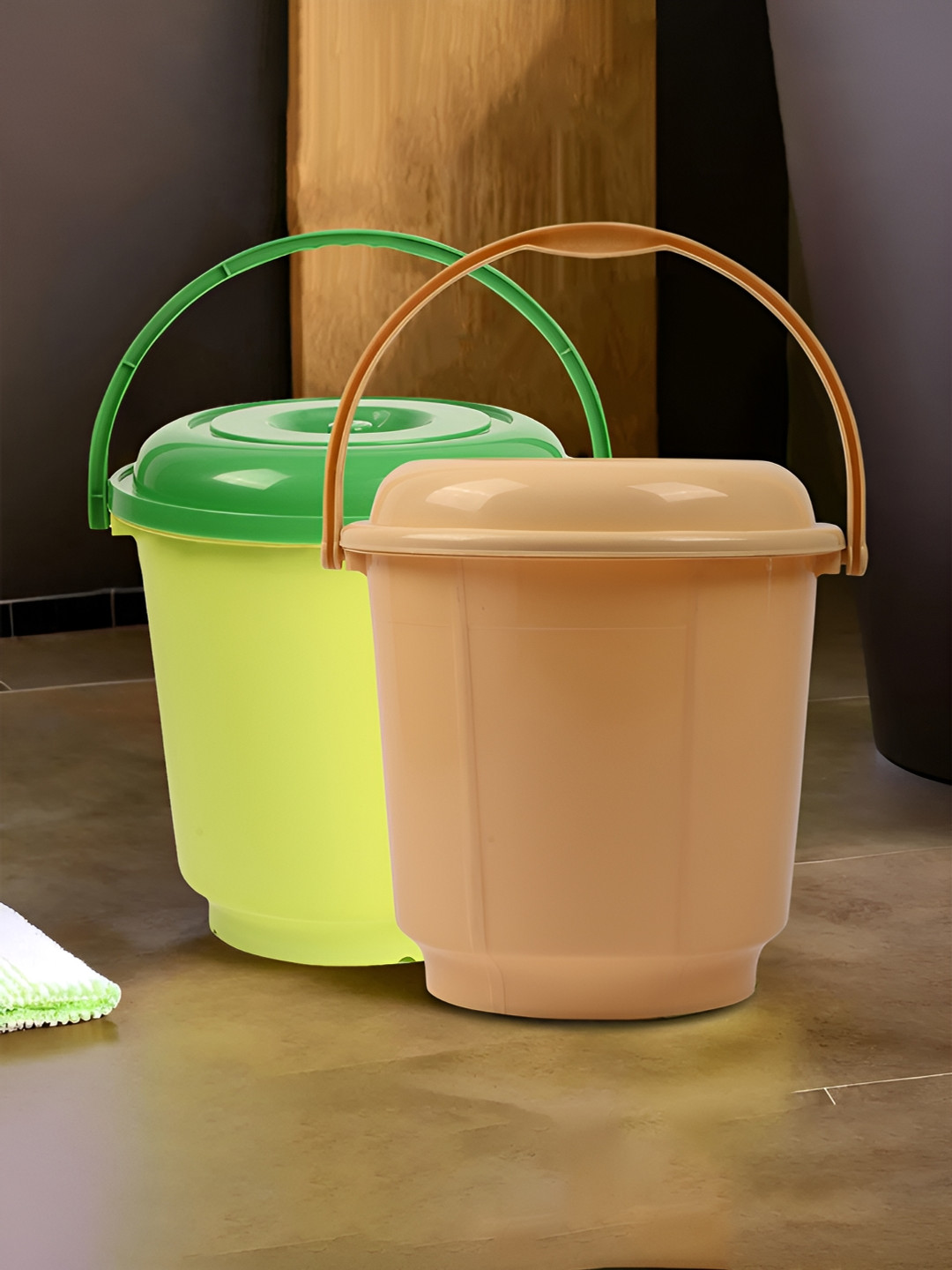 Kuber Industries Green & Brown 2 Pieces Bucket With Lid & Handle 18 L Each