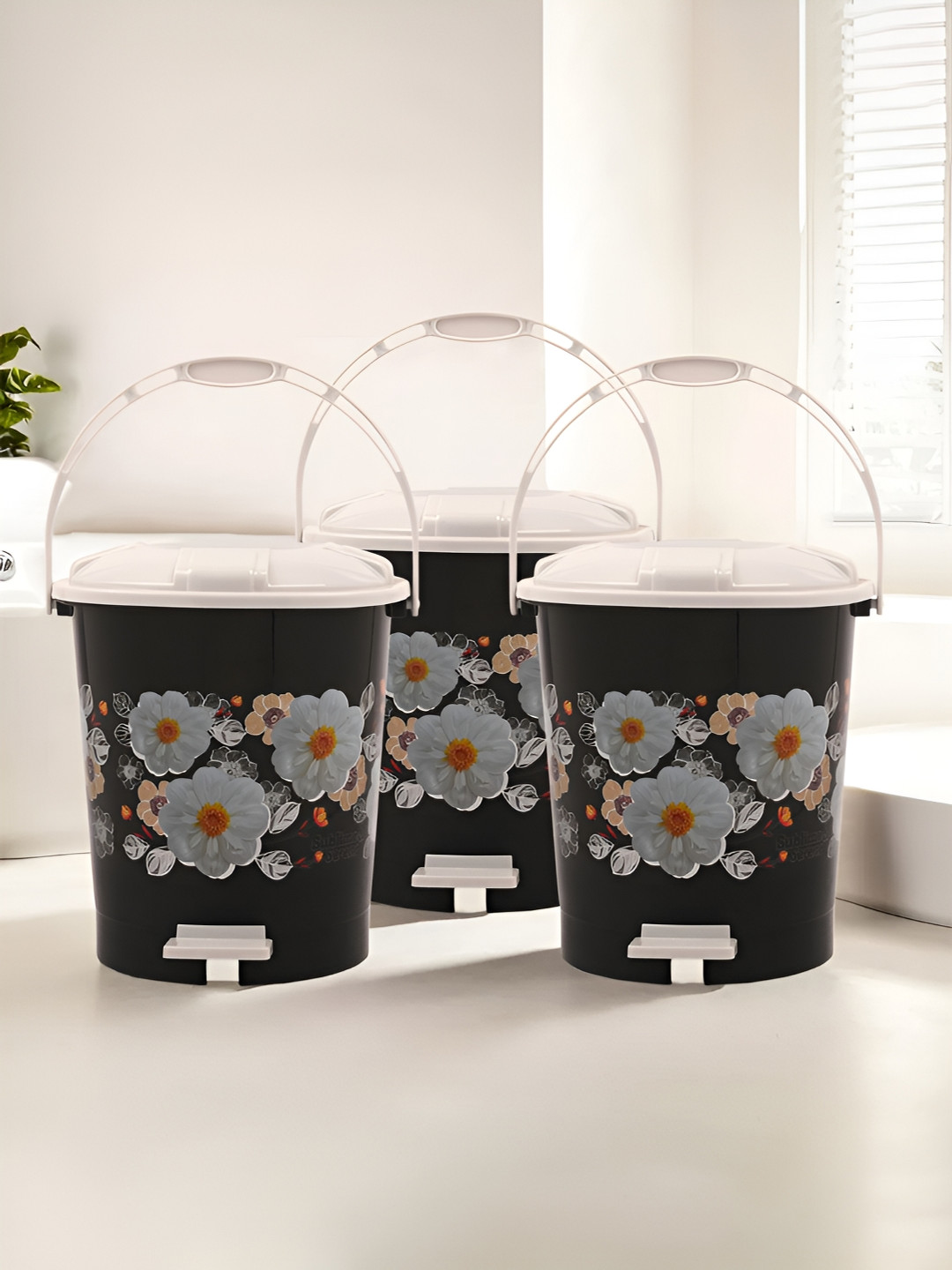 Kuber Industries Black & Grey 3 Pieces Floral Pedal Dustbins With Lid & Handle 10L Each