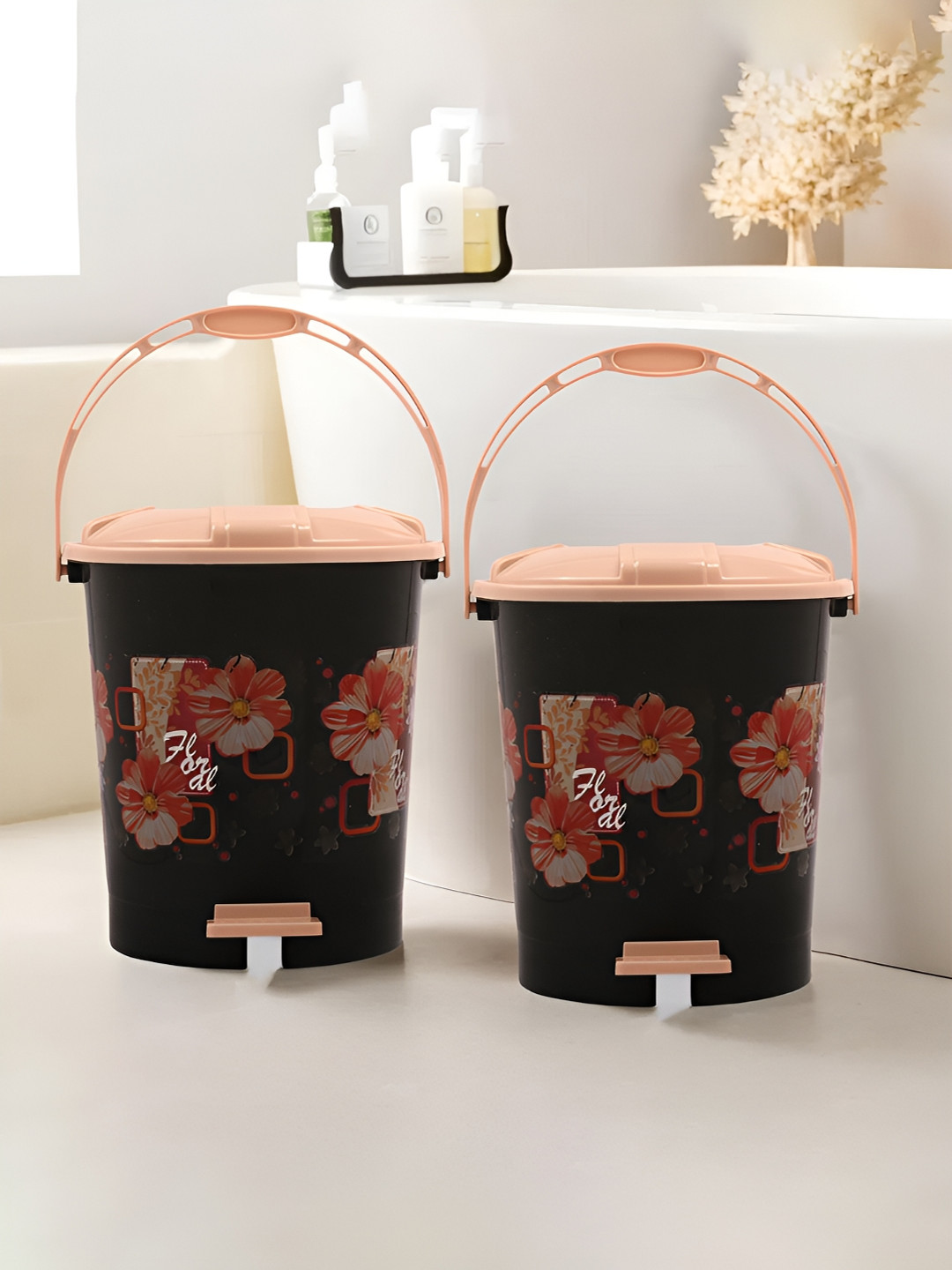 Kuber Industries 2-Pcs Black & Cream Coloured Pedal Dustbin With Lid & Handle - 10 L Each