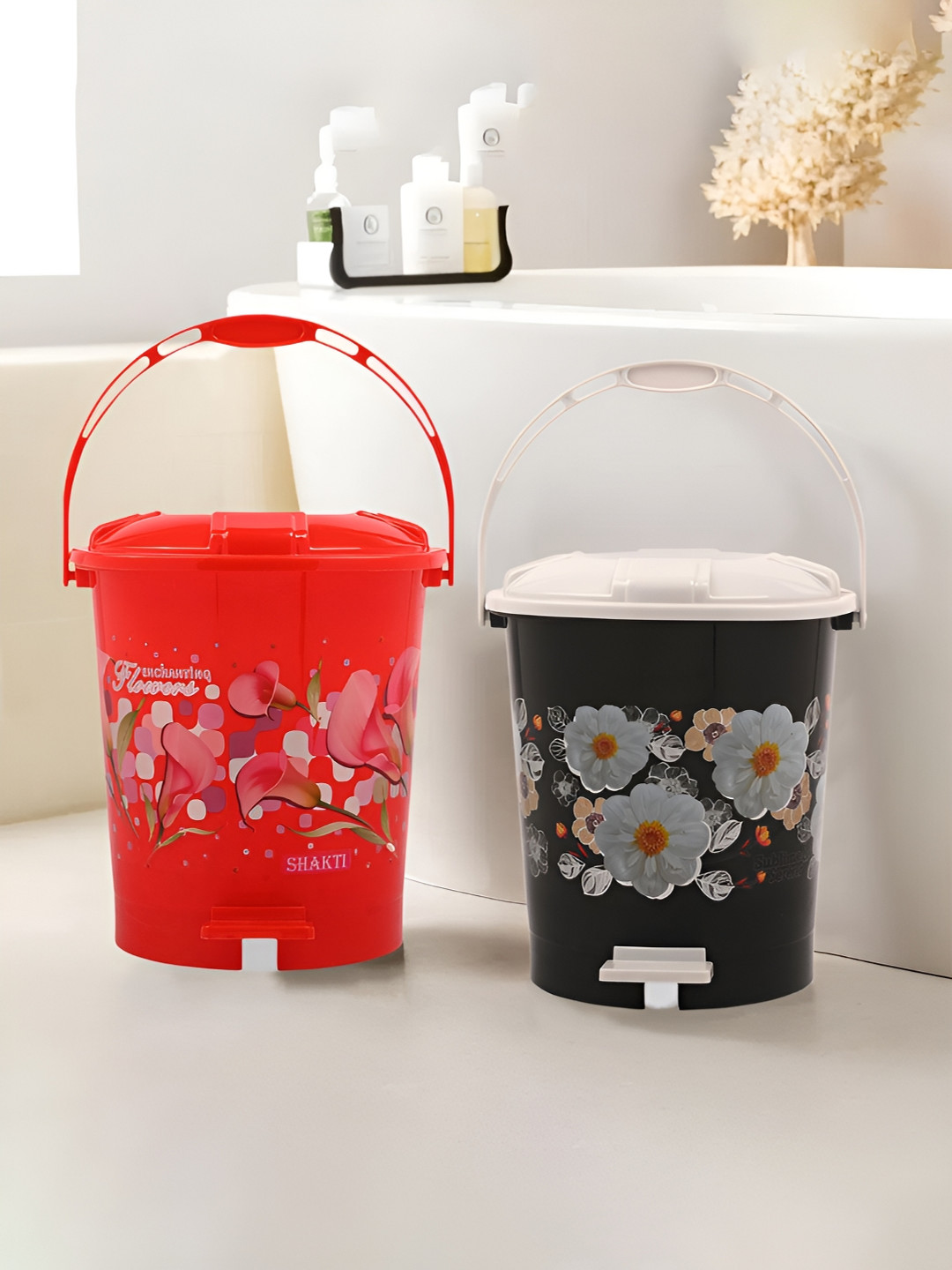 Kuber Industries Red & Black 2 Pieces Printed Plastic Pedal Dust Bins