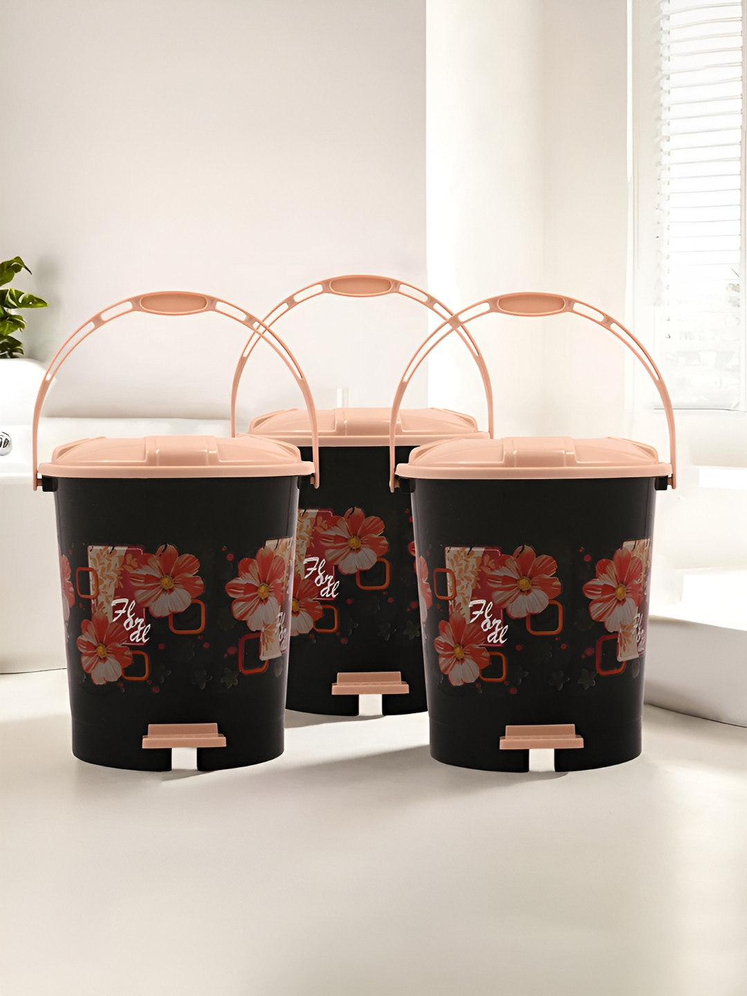 Kuber Industries 3-Pcs Black Printed Pedal Bins 10L