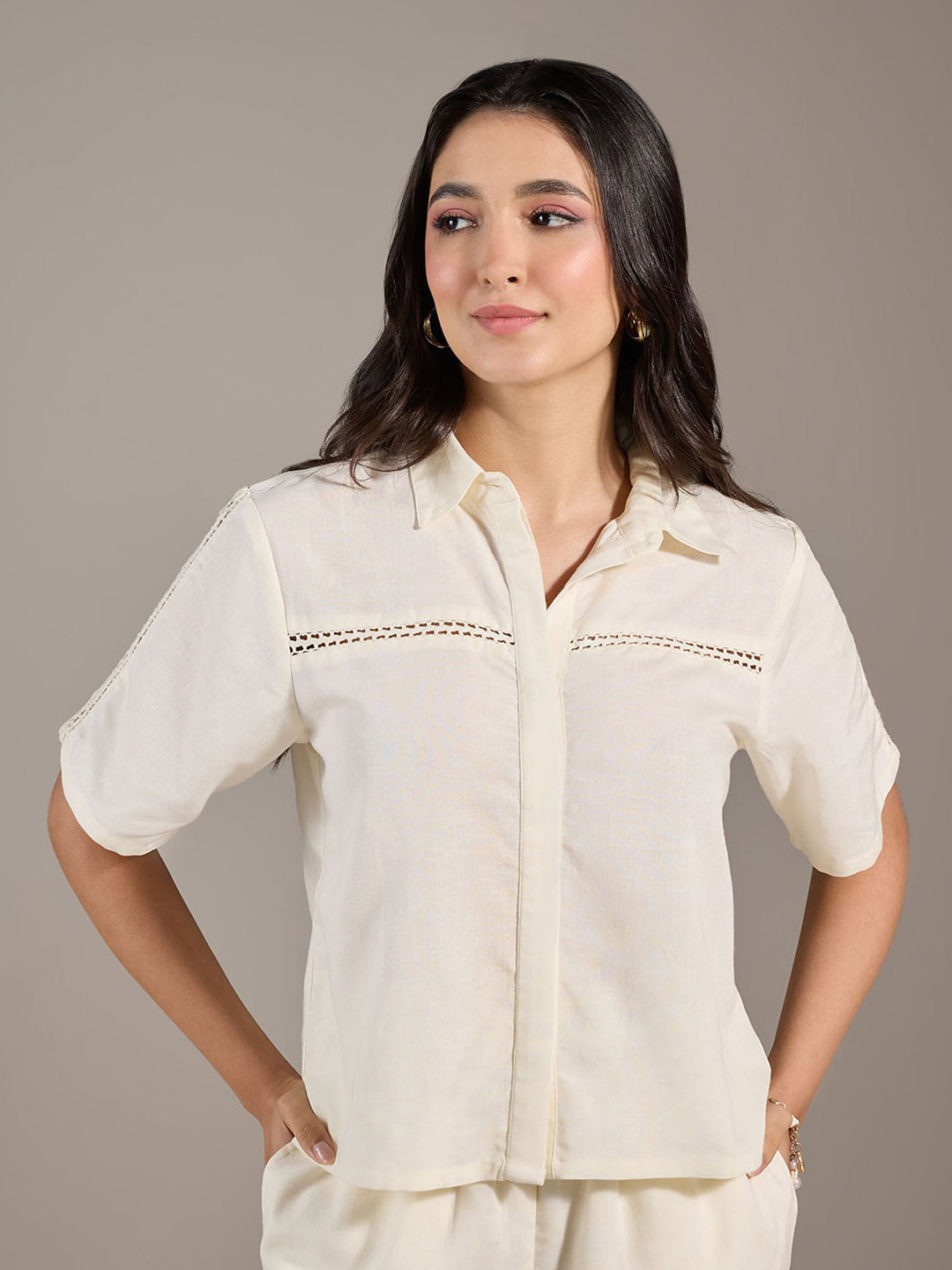 20Dresses Off White Crochet Detail Casual Shirt