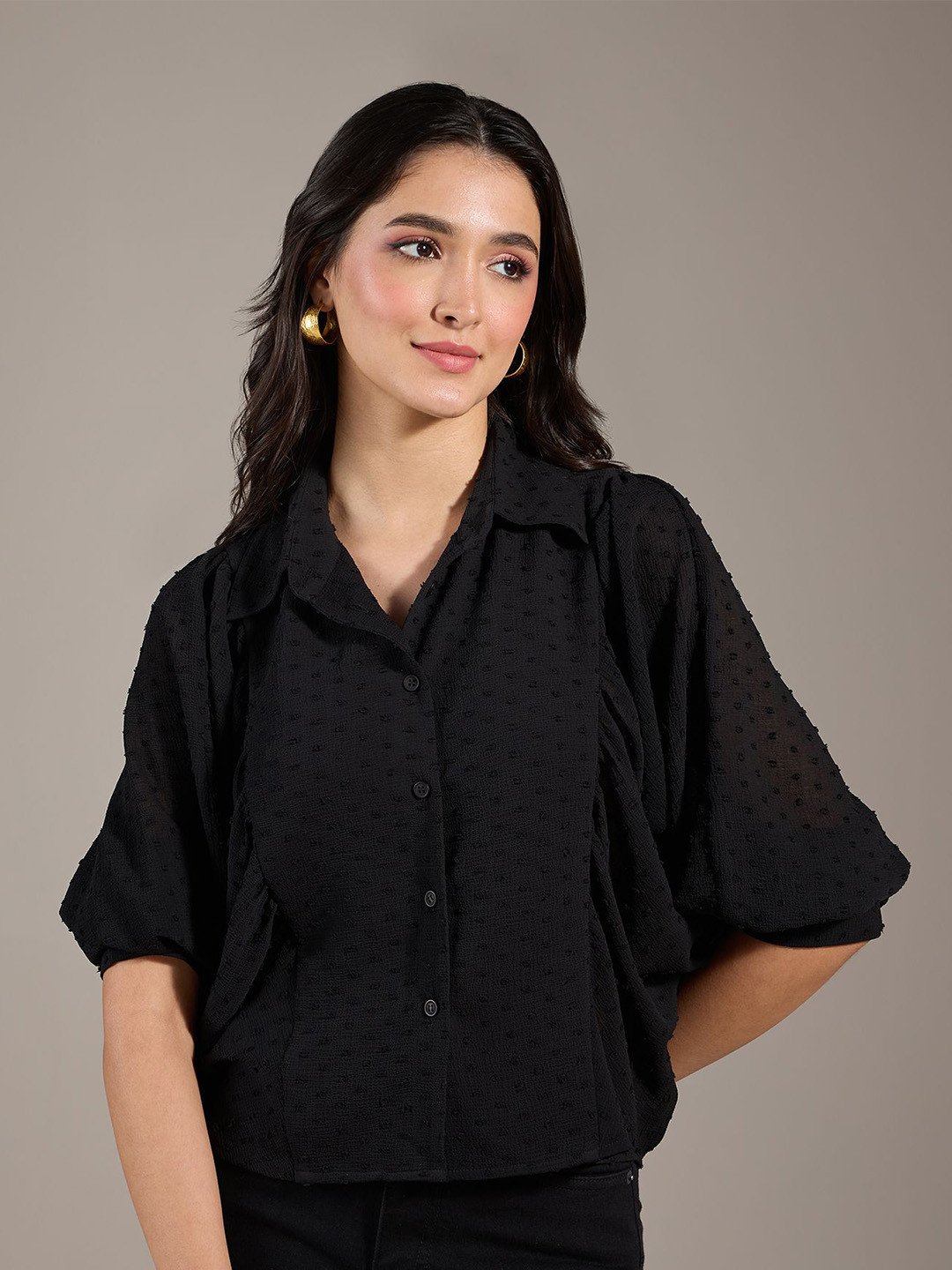 20Dresses Black Self Design Batwing Sleeves Semi Sheer Oversized Casual Shirt