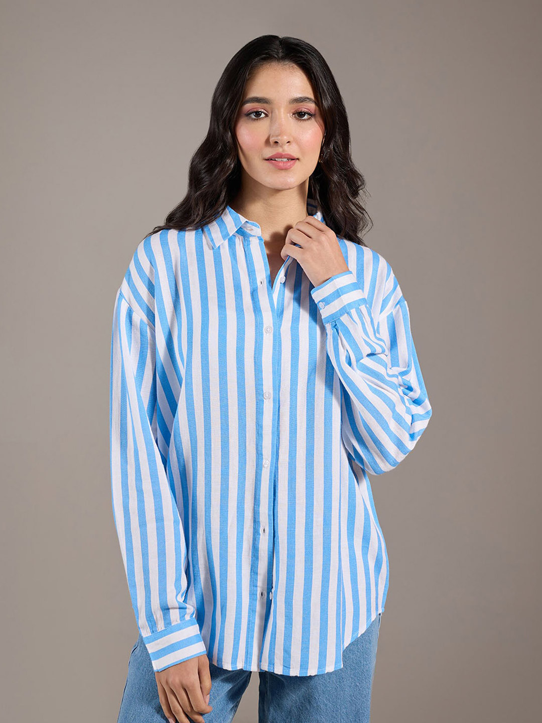 20Dresses Blue & White Striped Pointed Collar Casual Shirt