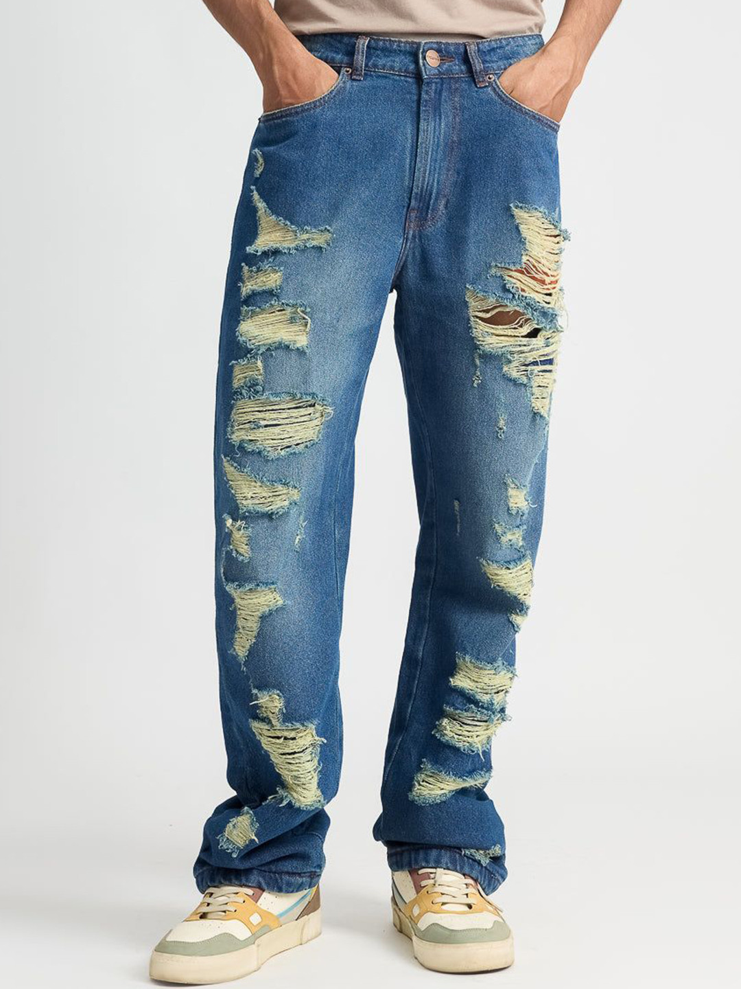 FREAKINS Men Blue Straight Fit High-Rise Highly Distressed Light Fade Ripped Cotton Jeans