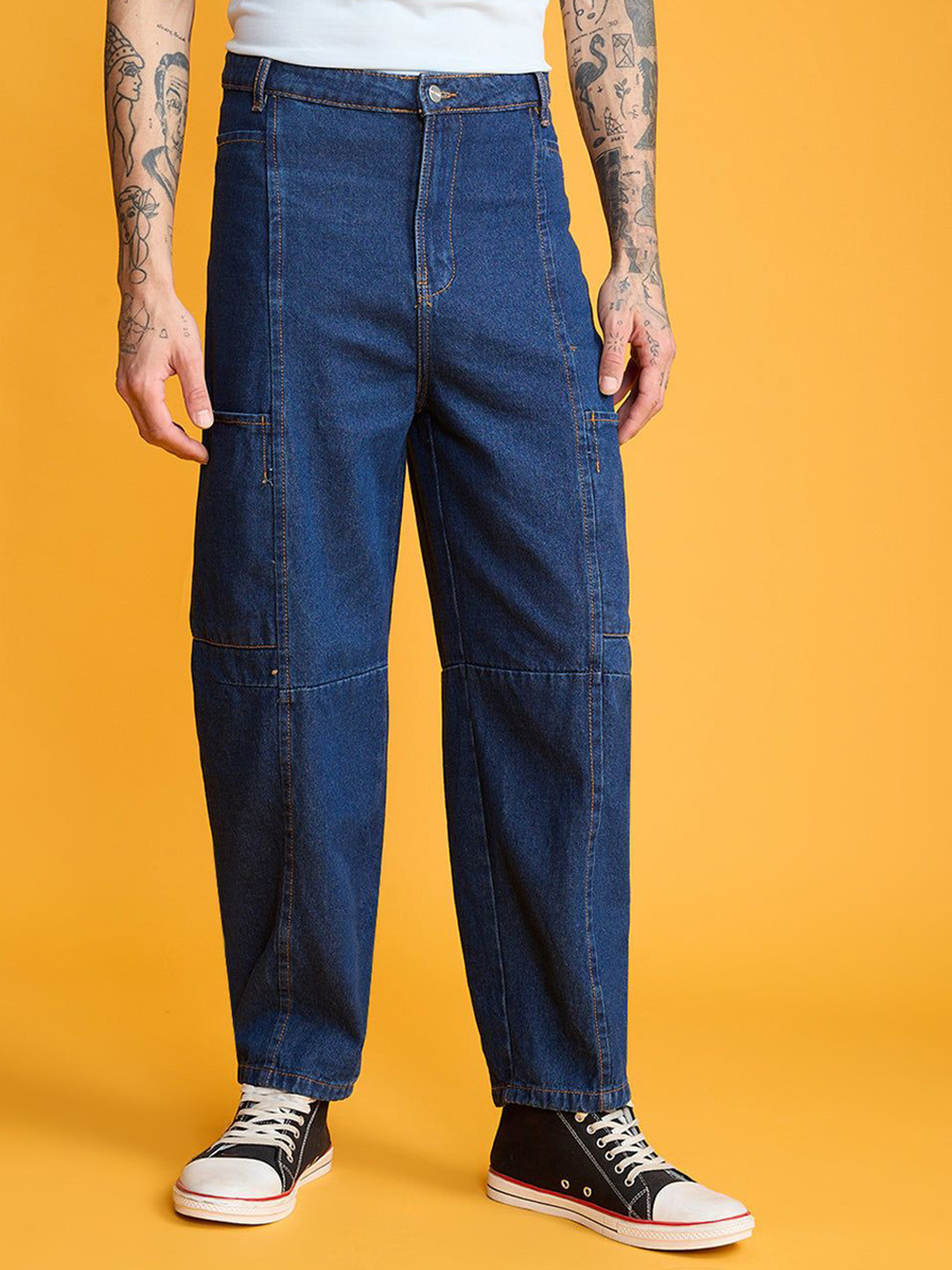 FREAKINS Men Relaxed Fit High-Rise Medium Shade Cargo Jeans