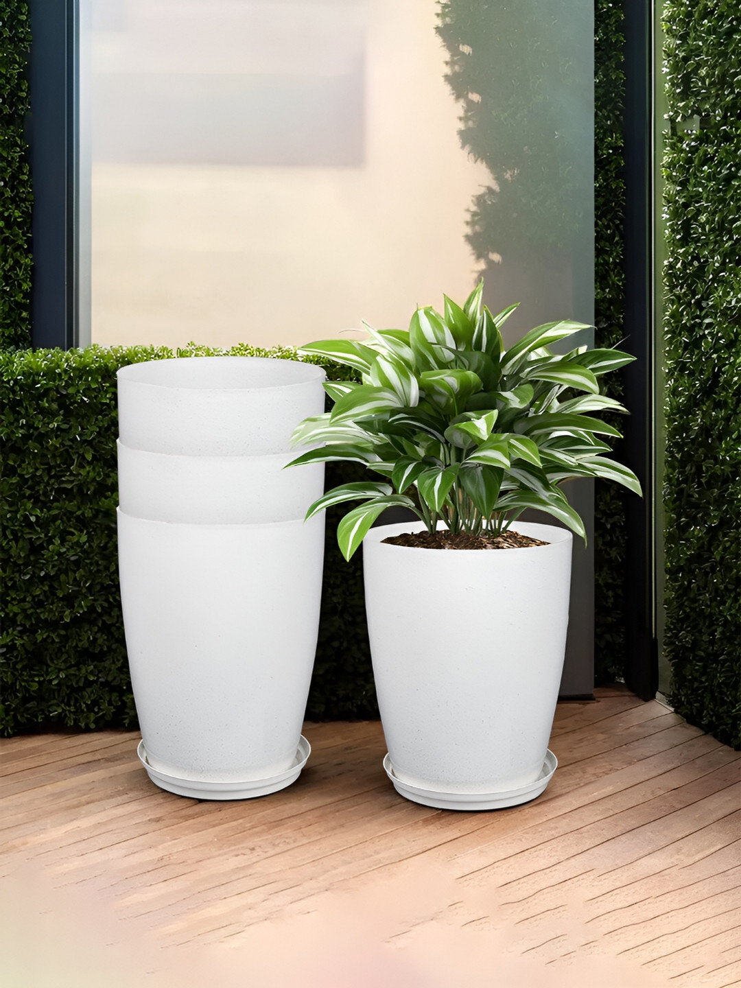 Kuber Industries White 4 Pieces Flower Planters With Plate