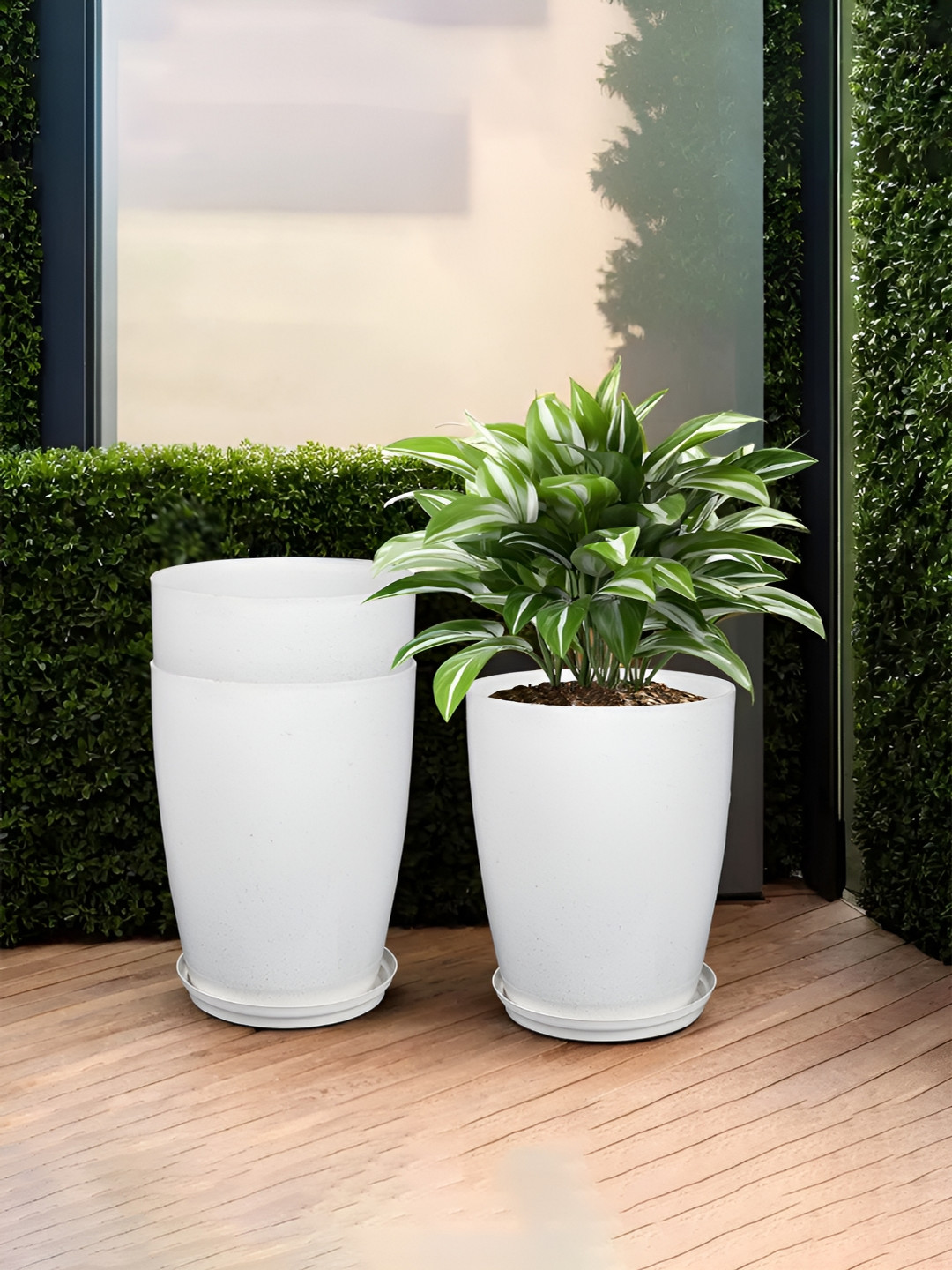 Kuber Industries 3Pcs White Flower Pot With Plate