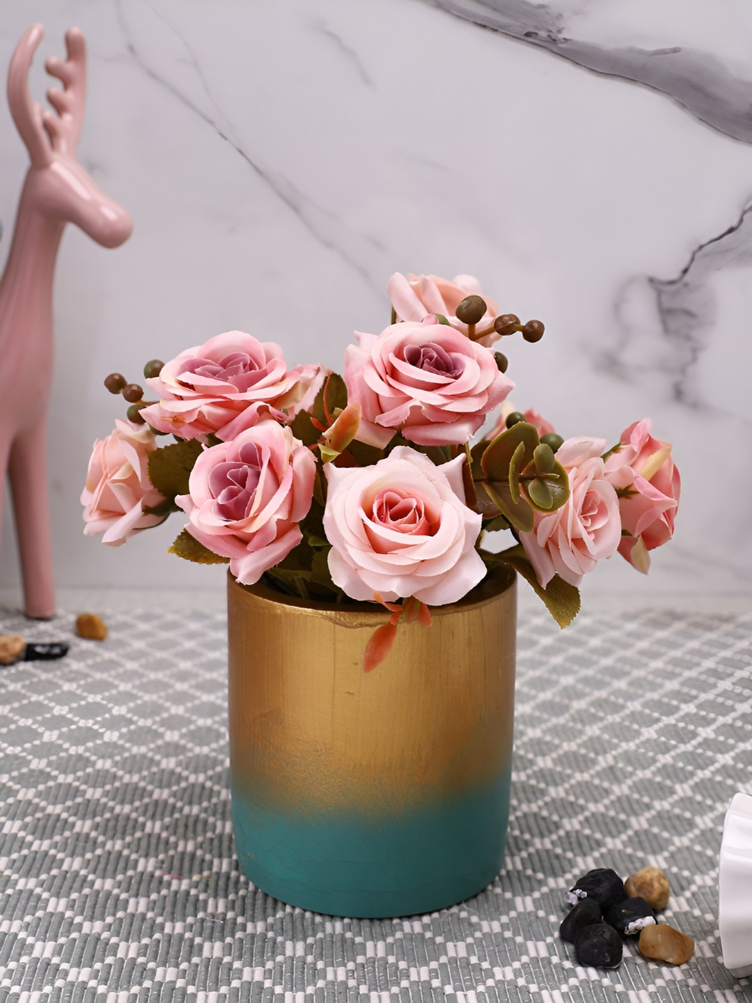TAYHAA Pink & Blue Rose Artificial Flower With Pot