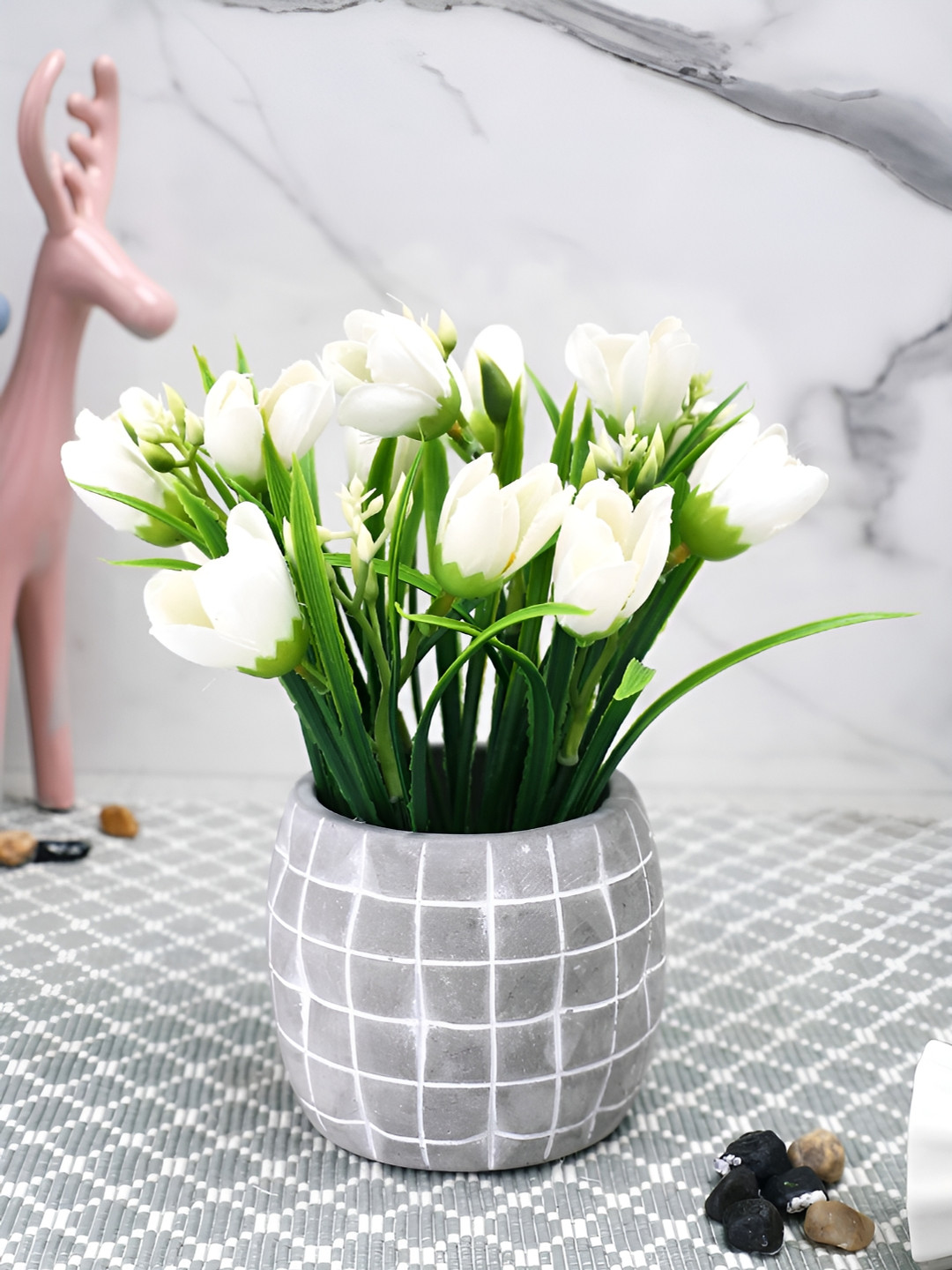 TAYHAA White & Green Tulip Artificial Flower With Pot