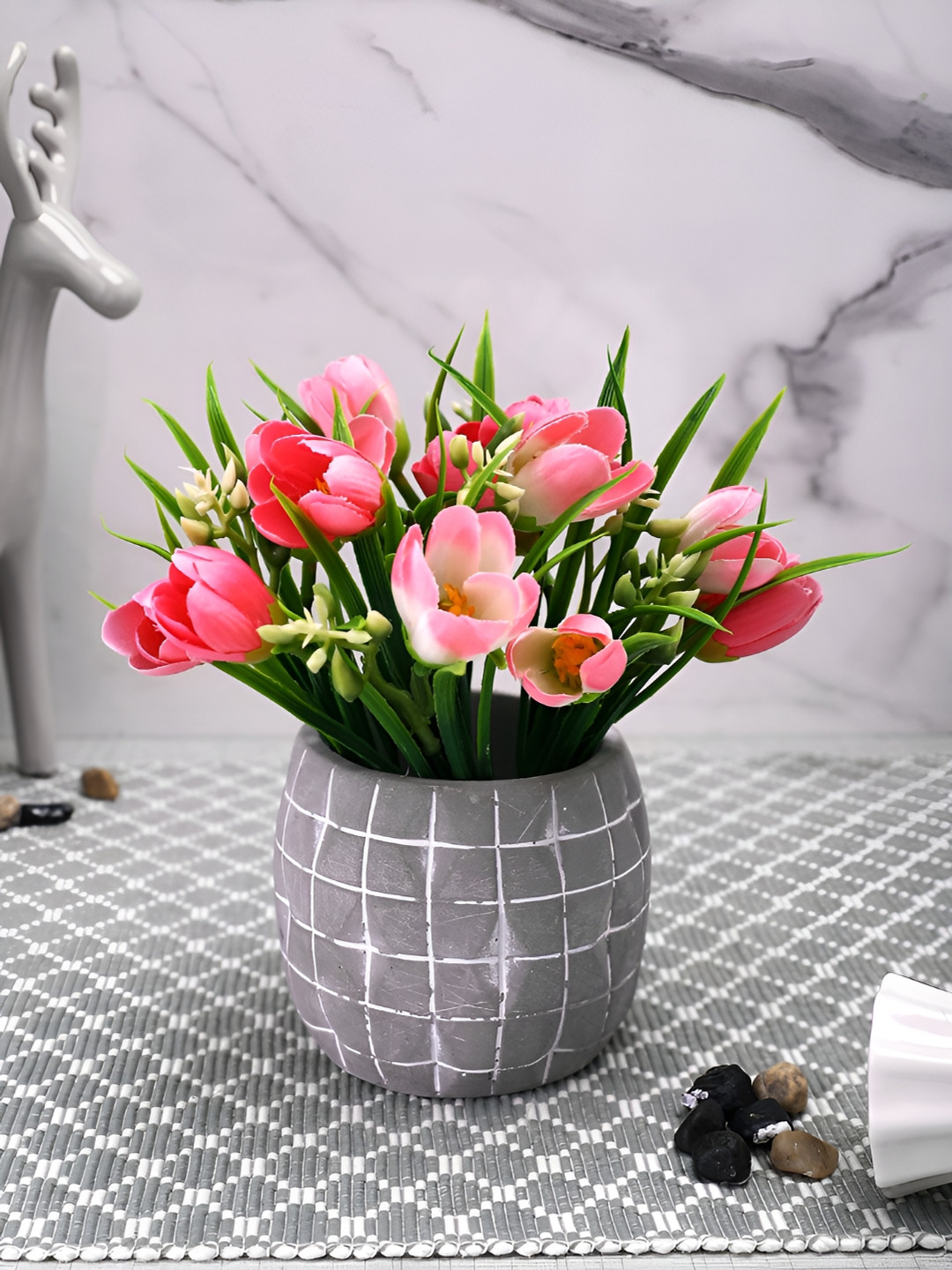 TAYHAA Pink & Green Tulip Artificial Plant With Pot