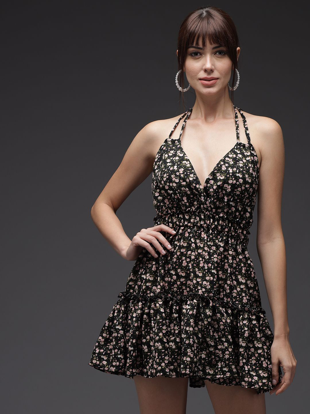 TANDUL Floral Print Tie-Up Neck Net Fit & Flare Mini Dress