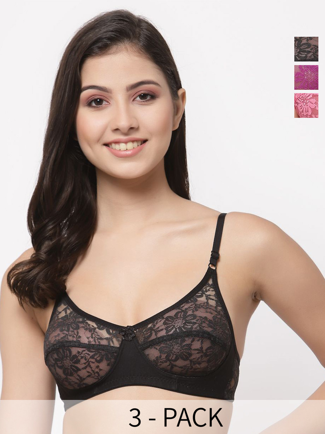 Docare Pack of 3 Non Padded Bralette Bras With All Day Comfort Diamond-Pink-Purple-Black