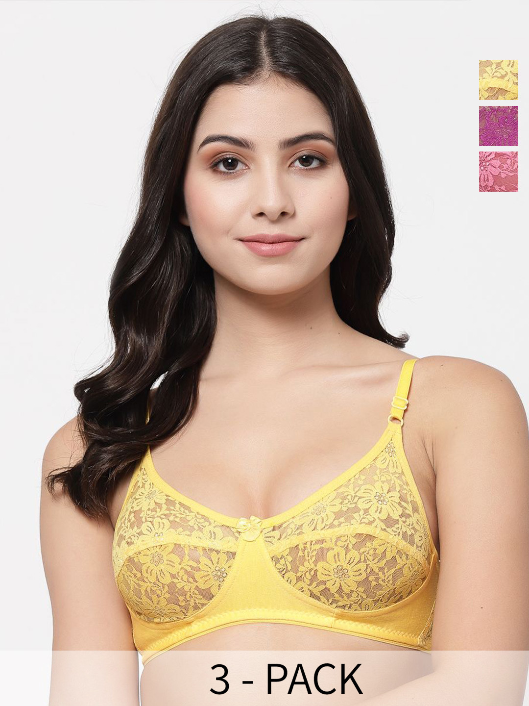 Docare Pack of 3 Lace Bralette Bras With All Day Comfort Diamond-Pink-Purple-Yellow