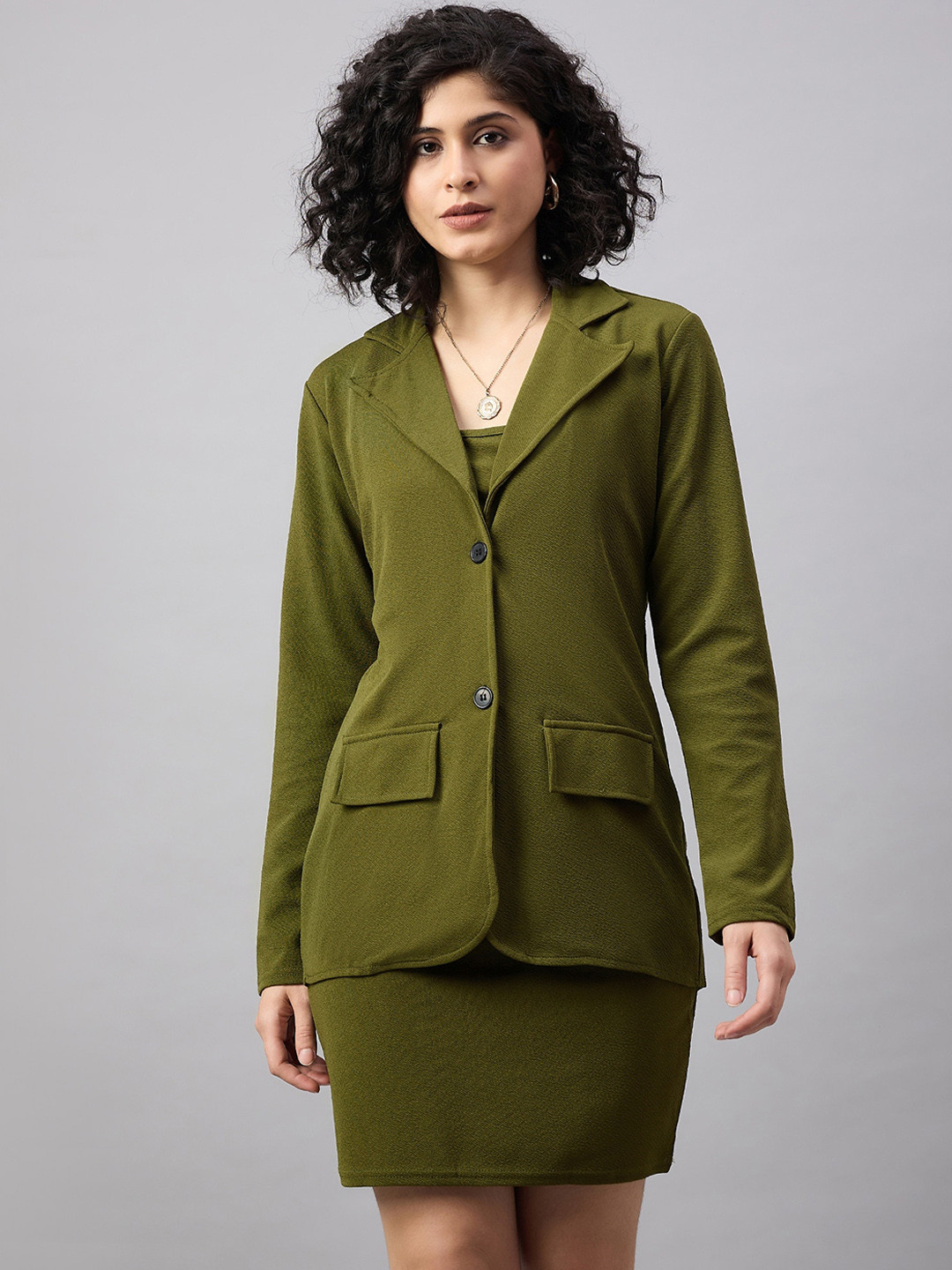 The Roadster Lifestyle Co Olive Green Shoulder Straps Top With Skirt & Blazers