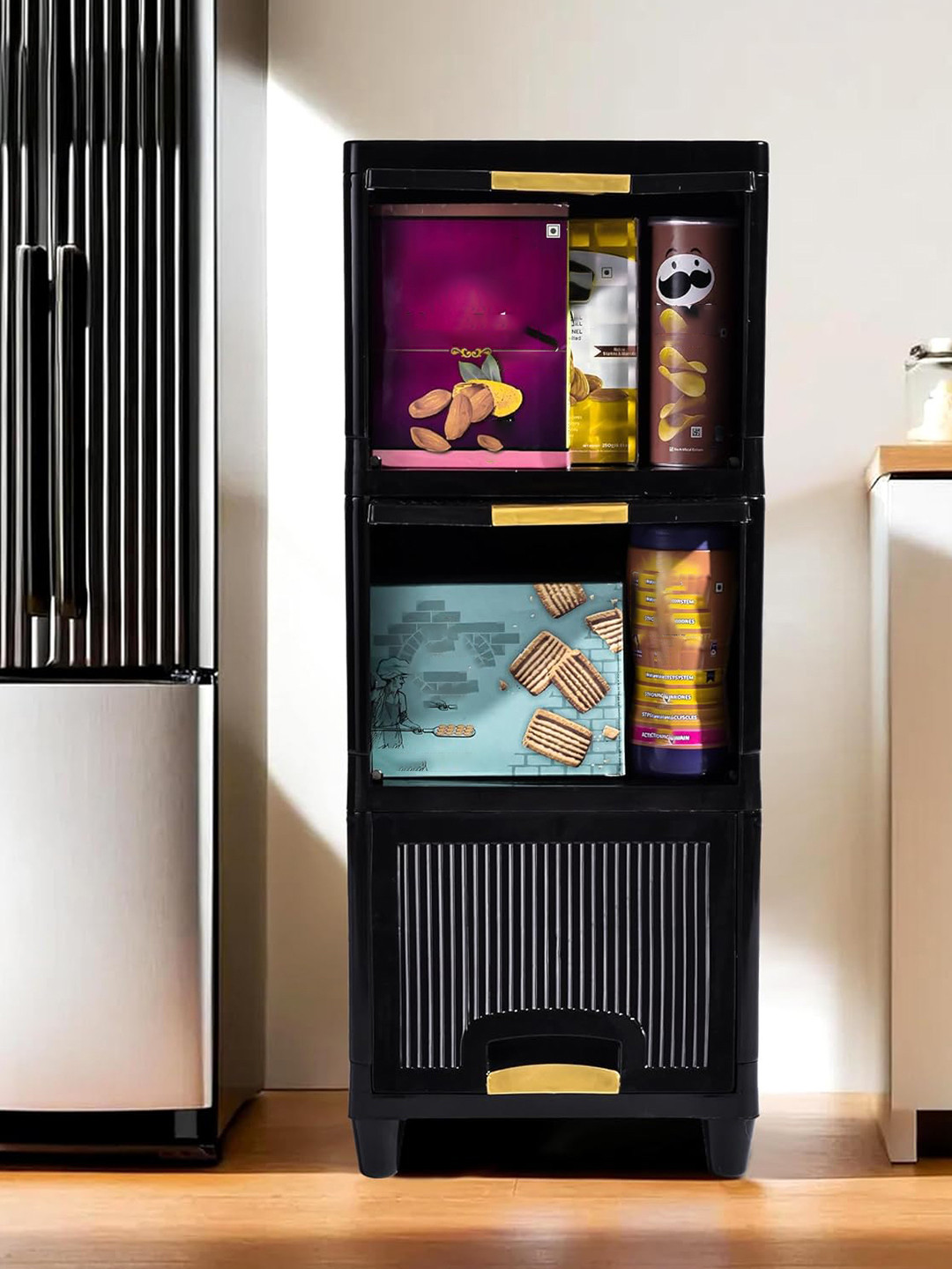 Kuber Industries Black 3 Units Folding Cabinet Storage Organizer