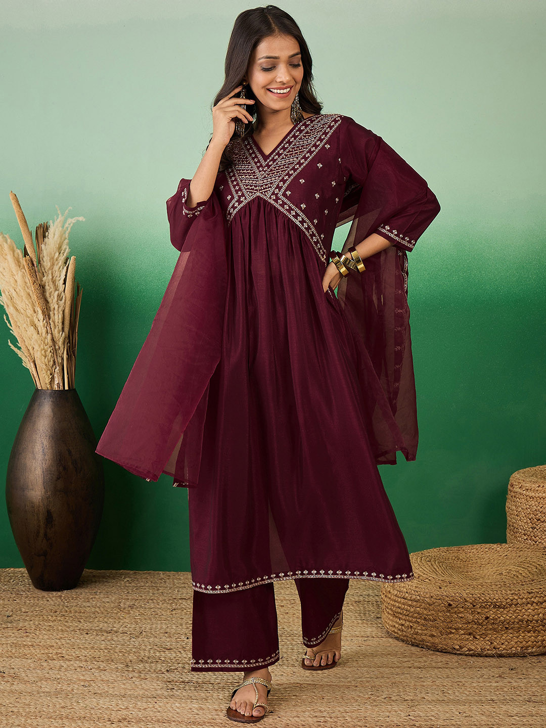 Sangria Geometric Embroidered V-Neck Sequence A-Line Kurta With Palazzo & Dupatta