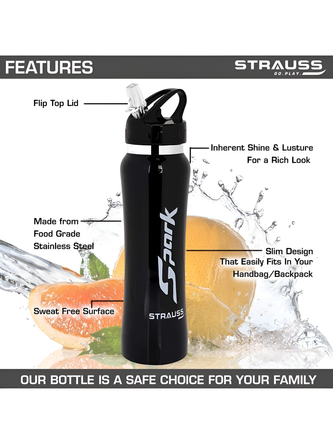 STRAUSS Spark Black Typography Stainless Steel Flip Top 2 Piece Sipper - 750ml